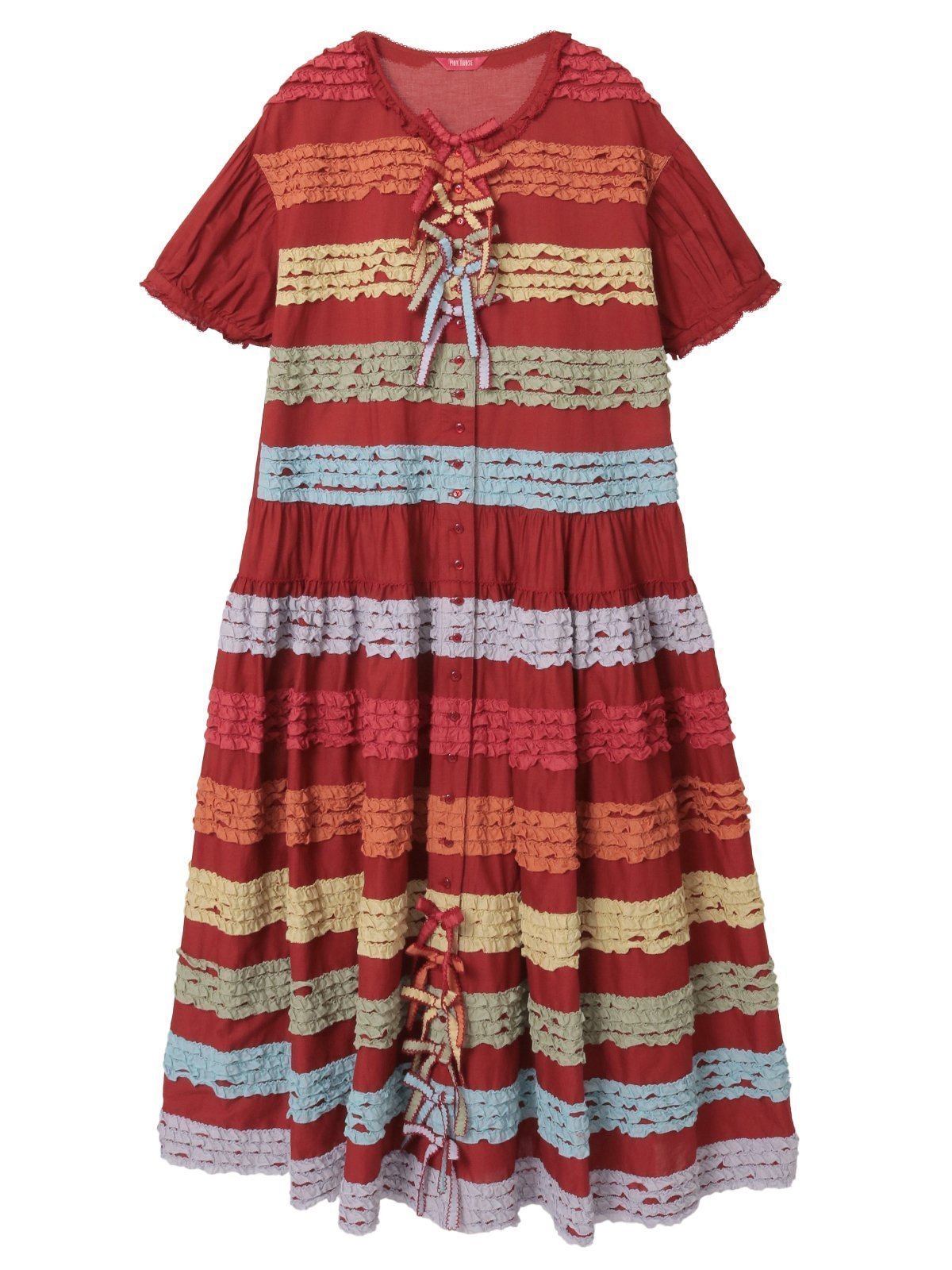 【ピンクハウス/PINK HOUSE】のカラフルフリル使いワンピース インテリア・キッズ・メンズ・レディースファッション・服の通販 founy(ファニー) 　ファッション　Fashion　レディースファッション　Fashion for Women　ワンピース　Dresses　カラフル　Colorful Design　フリル　Frill, Ruffle　ペチコート　Petticoat, Underskirt　モチーフ　Motif, Design Theme　リボン　Ribbon, Bow　結婚式　Wedding　アカ|ID: prp329100004826089 ipo3291000000035112449