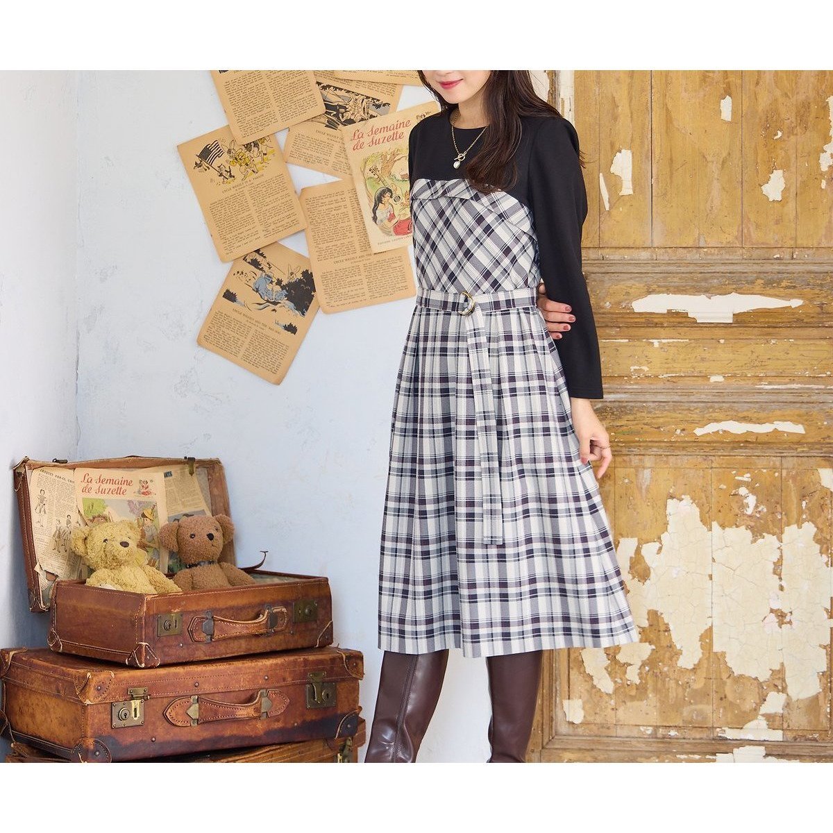 【ローズティアラ/Rose Tiara】のチェック切替ドッキングワンピース 人気、トレンドファッション・服の通販 founy(ファニー) 　ファッション　Fashion　レディースファッション　Fashion for Women　ワンピース　Dresses　チェック　Check, Plaid, Tartan　ドッキング　Docking, Mixed Material　ポケット　Pocket, Pocket Detail　リボン　Ribbon, Bow　今季　This Season, Current Season　切替　Switching, Contrast Panel　A/W・秋冬　Autumn/Winter　 other-1|ID: prp329100004826125 ipo3291000000035112941