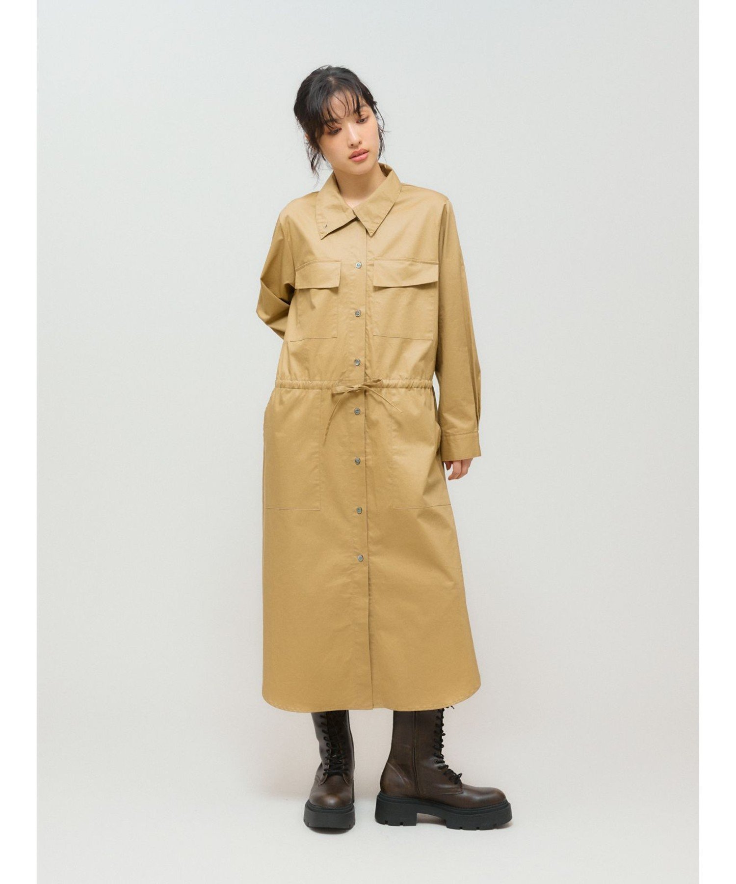 【マーコート/MARcourt】のMIDIUMISOLID for Ladies ワークシャツワンピース インテリア・キッズ・メンズ・レディースファッション・服の通販 founy(ファニー) 　ファッション　Fashion　レディースファッション　Fashion for Women　ワンピース　Dresses　シャツワンピース / 1枚で着映えコーデ　Shirt Dresses　ツイル　Twist, Twisted Detail　トレンド　Trend, Trending Now　フロント　Front, Front Design　ポケット　Pocket, Pocket Detail　ミリタリー　Military, Army Style　レギュラー　Regular, Standard Fit　ワッシャー　Washer, Crinkled Finish　エレガント 上品　Elegant　無地　Plain, Solid Color　長袖　Long Sleeve, Full Sleeve　ベージュ|ID: prp329100004826149 ipo3291000000035113381