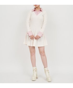 【ロイヤルパーティー/ROYAL PARTY】のオリジナルカレッジロゴシャツ付ケーブルニットミニフレアワンピース 人気、トレンドファッション・服の通販 founy(ファニー) ファッション Fashion レディースファッション Fashion for Women ワンピース Dresses ストライプ Stripe, Striped Pattern ドッキング Docking, Mixed Material 秋 Autumn |ID:prp329100004826219