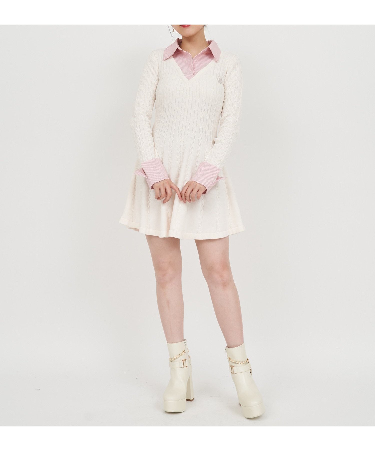 【ロイヤルパーティー/ROYAL PARTY】のオリジナルカレッジロゴシャツ付ケーブルニットミニフレアワンピース 人気、トレンドファッション・服の通販 founy(ファニー) 　ファッション　Fashion　レディースファッション　Fashion for Women　ワンピース　Dresses　ストライプ　Stripe, Striped Pattern　ドッキング　Docking, Mixed Material　秋　Autumn　 other-1|ID: prp329100004826219 ipo3291000000035114396