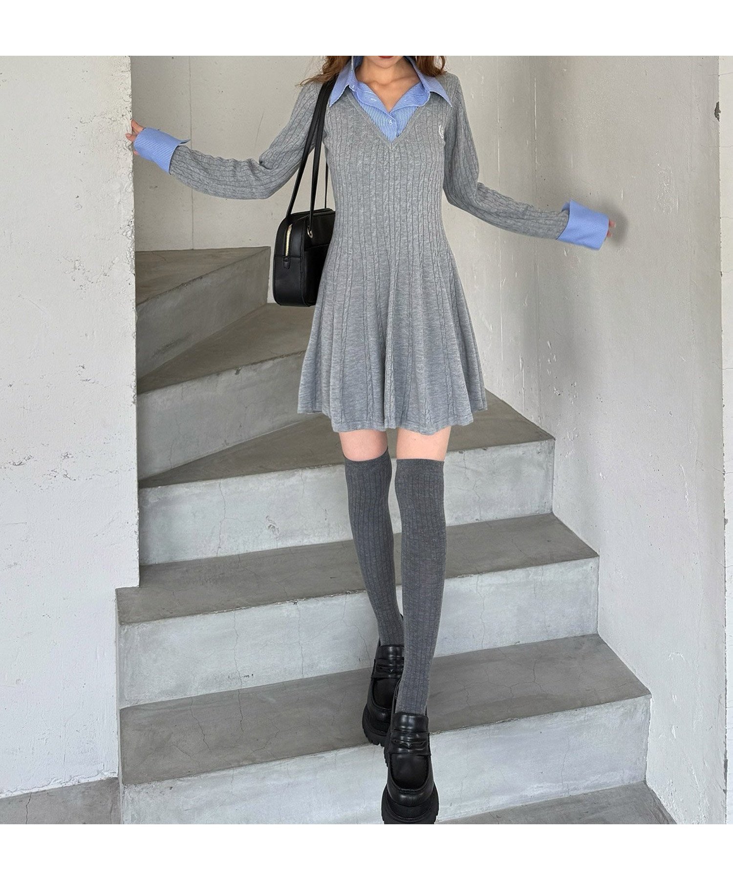 【ロイヤルパーティー/ROYAL PARTY】のオリジナルカレッジロゴシャツ付ケーブルニットミニフレアワンピース インテリア・キッズ・メンズ・レディースファッション・服の通販 founy(ファニー) 　ファッション　Fashion　レディースファッション　Fashion for Women　ワンピース　Dresses　ストライプ　Stripe, Striped Pattern　ドッキング　Docking, Mixed Material　秋　Autumn　グレー|ID: prp329100004826219 ipo3291000000035114398