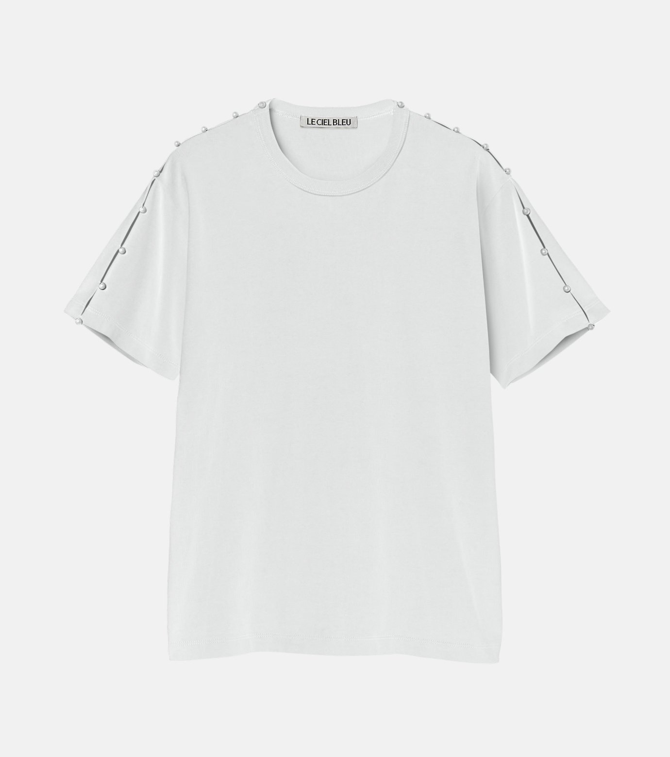 【ルシェル ブルー/LE CIEL BLEU】のボクシーTシャツwパールエンベリッシュメント / Boxy T-shirt w/Pearl Embellishment インテリア・キッズ・メンズ・レディースファッション・服の通販 founy(ファニー) 　ファッション　Fashion　レディースファッション　Fashion for Women　トップス・カットソー　Cut & Sew Tops　シャツ・ブラウス・オフィスカジュアル　Elegant Blouses & Button-Ups　ロングTシャツ・Tシャツ　Longline T-Shirts & Tees　アクセサリー　Fashion Accessories　スリット　Slit, Slit Detail　バランス　Balance, Style Balance　パール　Pearl, Pearl Accent　エレガント 上品　Elegant　ホワイト|ID: prp329100004826228 ipo3291000000035114552