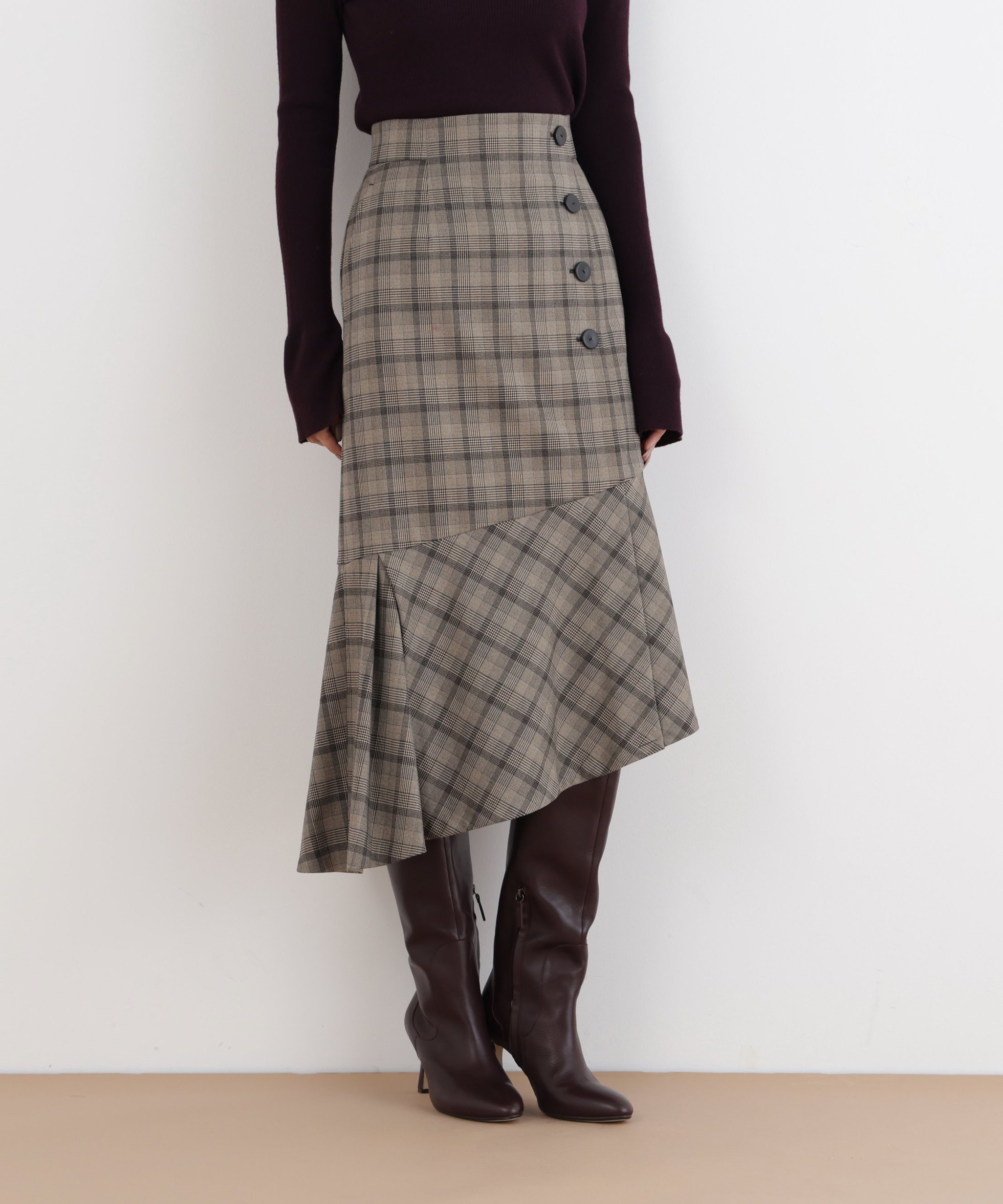 【ピンキーアンドダイアン/Pinky&Dianne】のグレンチェックアシンメトリーラッフルスカート インテリア・キッズ・メンズ・レディースファッション・服の通販 founy(ファニー) 　ファッション　Fashion　レディースファッション　Fashion for Women　スカート　Skirts　シンプル　Simple, Minimal　ストレッチ　Stretch, Stretchy Fabric　チェック　Check, Plaid, Tartan　モダン　Modern, Contemporary　ベージュ|ID: prp329100004826753 ipo3291000000035120066