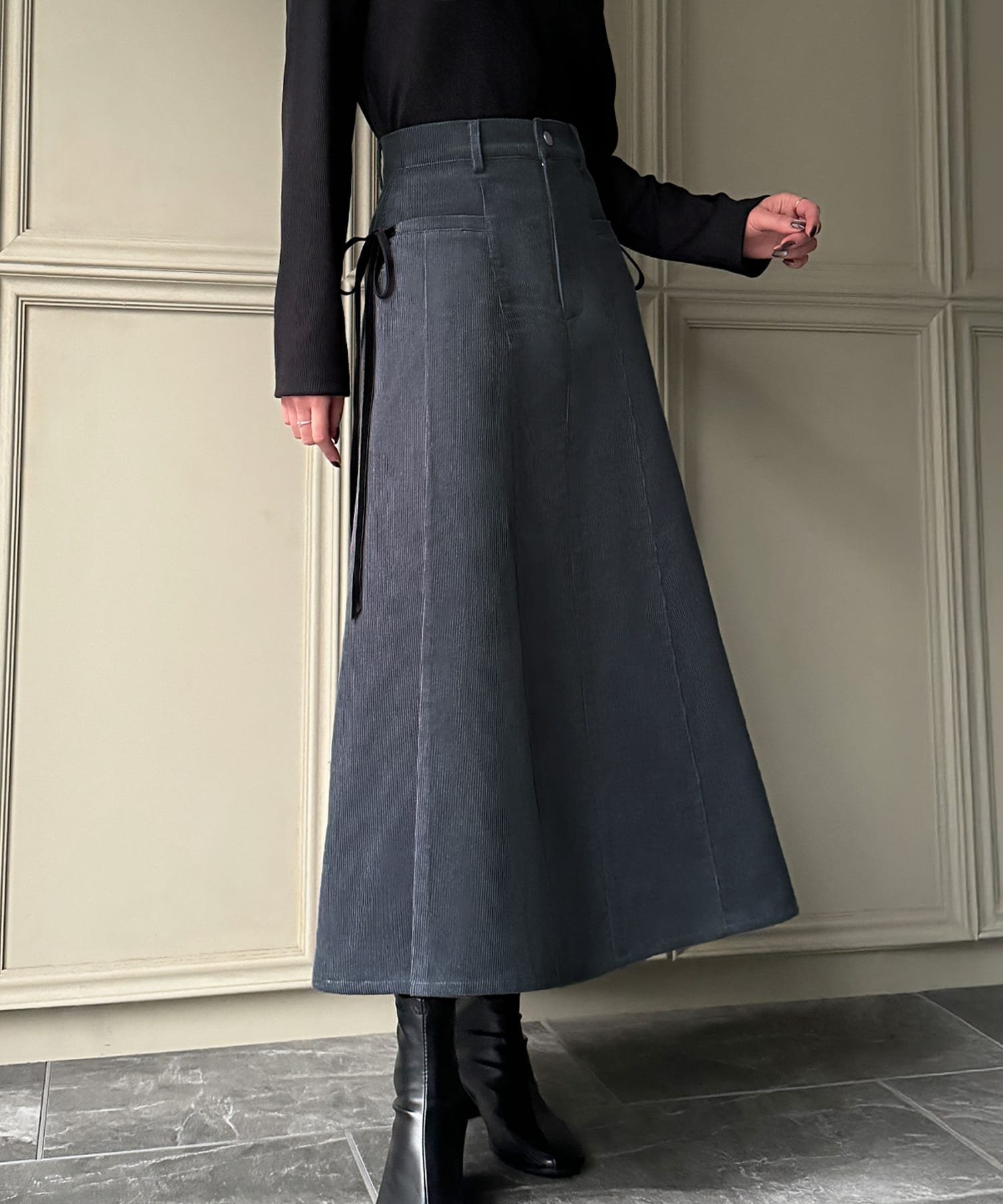 【ジュノア/JUNOAH】のリボン付きコーデュロイタックスカート インテリア・キッズ・メンズ・レディースファッション・服の通販 founy(ファニー) 　ファッション　Fashion　レディースファッション　Fashion for Women　スカート　Skirts　リボン　Ribbon, Bow　ダークグレー|ID: prp329100004826852 ipo3291000000035121087