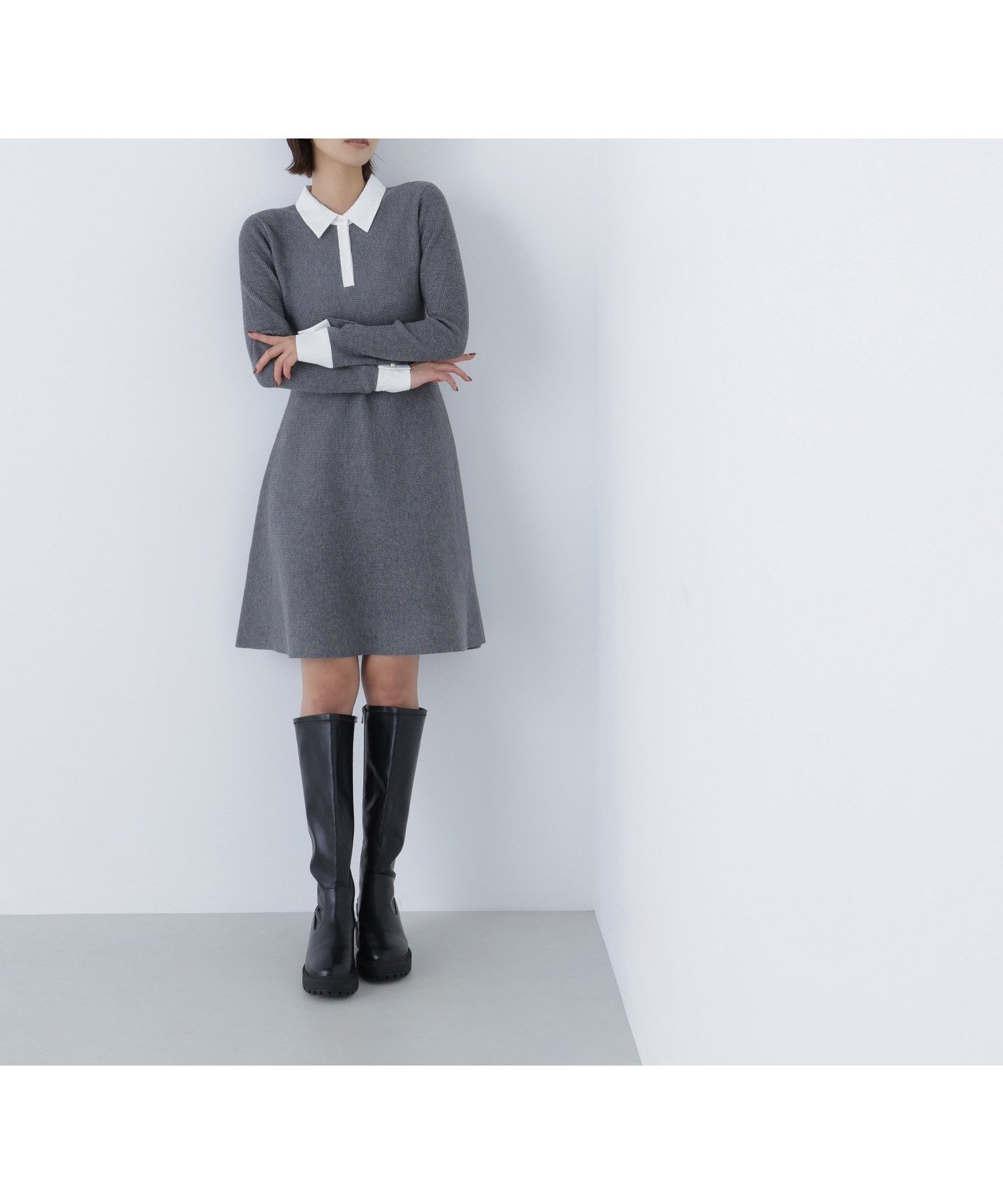 【ナチュラル ビューティー ベーシック/NATURAL BEAUTY BASIC】のシャツカラーミニニットワンピース インテリア・キッズ・メンズ・レディースファッション・服の通販 founy(ファニー) 　ファッション　Fashion　レディースファッション　Fashion for Women　ワンピース　Dresses　ニットワンピース　Knit Dresses　フレア　Flare, Flared　エレガント 上品　Elegant　ウォームグレー|ID: prp329100004826862 ipo3291000000035121190