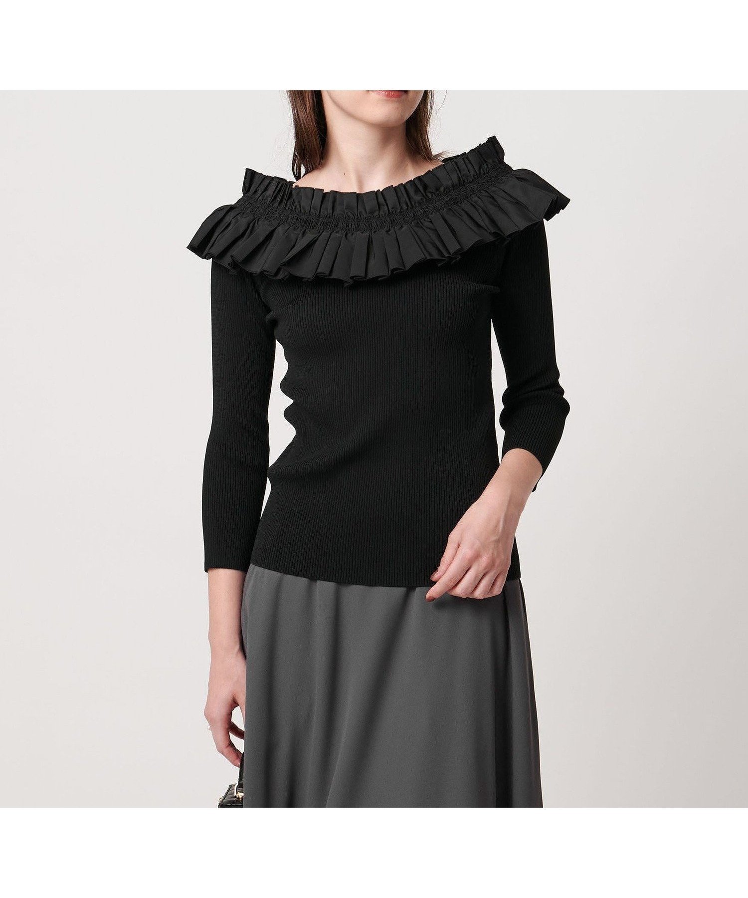 【ユナイテッドアローズ/UNITED ARROWS】のギャザー オフショルダー 7分袖ニット -ウォッシャブル- インテリア・キッズ・メンズ・レディースファッション・服の通販 founy(ファニー) 　ファッション　Fashion　レディースファッション　Fashion for Women　トップス・カットソー　Cut & Sew Tops　ニット　Knit Tops & Sweaters　ウォッシャブル　Machine Washable　ギャザー　Gathered, Ruffled　シャーリング　Shirring, Ruched　フィット　Fit, Slim Fit　フレア　Flare, Flared　ラウンド　Round, Round Neck　ワイド　Wide, Wide Fit　おすすめ　Recommended / Our Picks　BLACK|ID: prp329100004826913 ipo3291000000035121881
