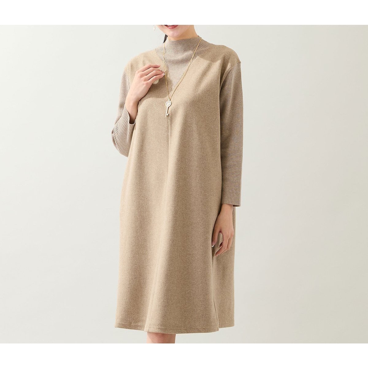 【ミゼール/MISSEL】の【3L/4Lサイズあり】綿混ジャージー レイヤード風ワンピース インテリア・キッズ・メンズ・レディースファッション・服の通販 founy(ファニー) 　ファッション　Fashion　レディースファッション　Fashion for Women　ワンピース　Dresses　アクセサリー　Fashion Accessories　エレガント 上品　Elegant　ジャケット　Jacket, Outerwear　ストール　Stole, Wrap　タイツ　Tights, Legwear　人気　Popular, Best Seller　長袖　Long Sleeve, Full Sleeve　ベスト　Vest, Waistcoat　ポケット　Pocket, Pocket Detail　レギンス　Leggings, Stretch Pants　A/W・秋冬　Autumn/Winter　ブラウン|ID: prp329100004827028 ipo3291000000035123166