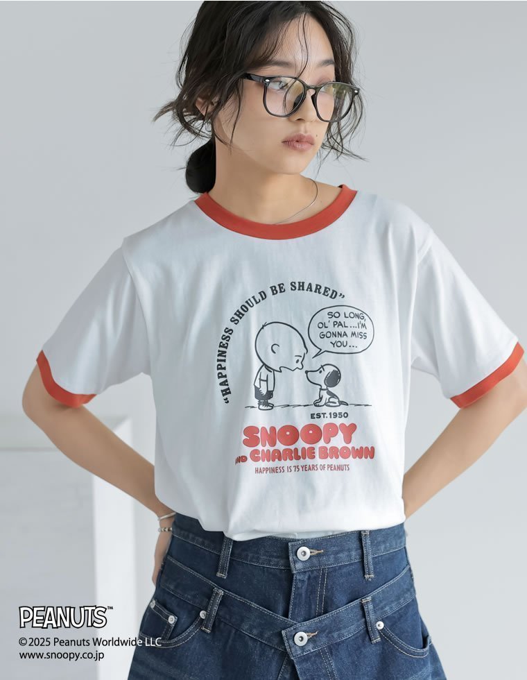 【リエディ/Re:EDIT】のPEANUTS別注リンガーTシャツ インテリア・キッズ・メンズ・レディースファッション・服の通販 founy(ファニー) 　ファッション　Fashion　レディースファッション　Fashion for Women　トップス・カットソー　Cut & Sew Tops　シャツ・ブラウス・オフィスカジュアル　Elegant Blouses & Button-Ups　ロングTシャツ・Tシャツ　Longline T-Shirts & Tees　イラスト　Illustration　キャラクター　Character, Licensed Characters　コンパクト　Compact, Small Size　デニム　Denim, Jeans Material　トレンド　Trend, Trending Now　人気　Popular, Best Seller　別注　Limited Edition, Custom Order　ホワイト|ID: prp329100004827063 ipo3291000000035123609