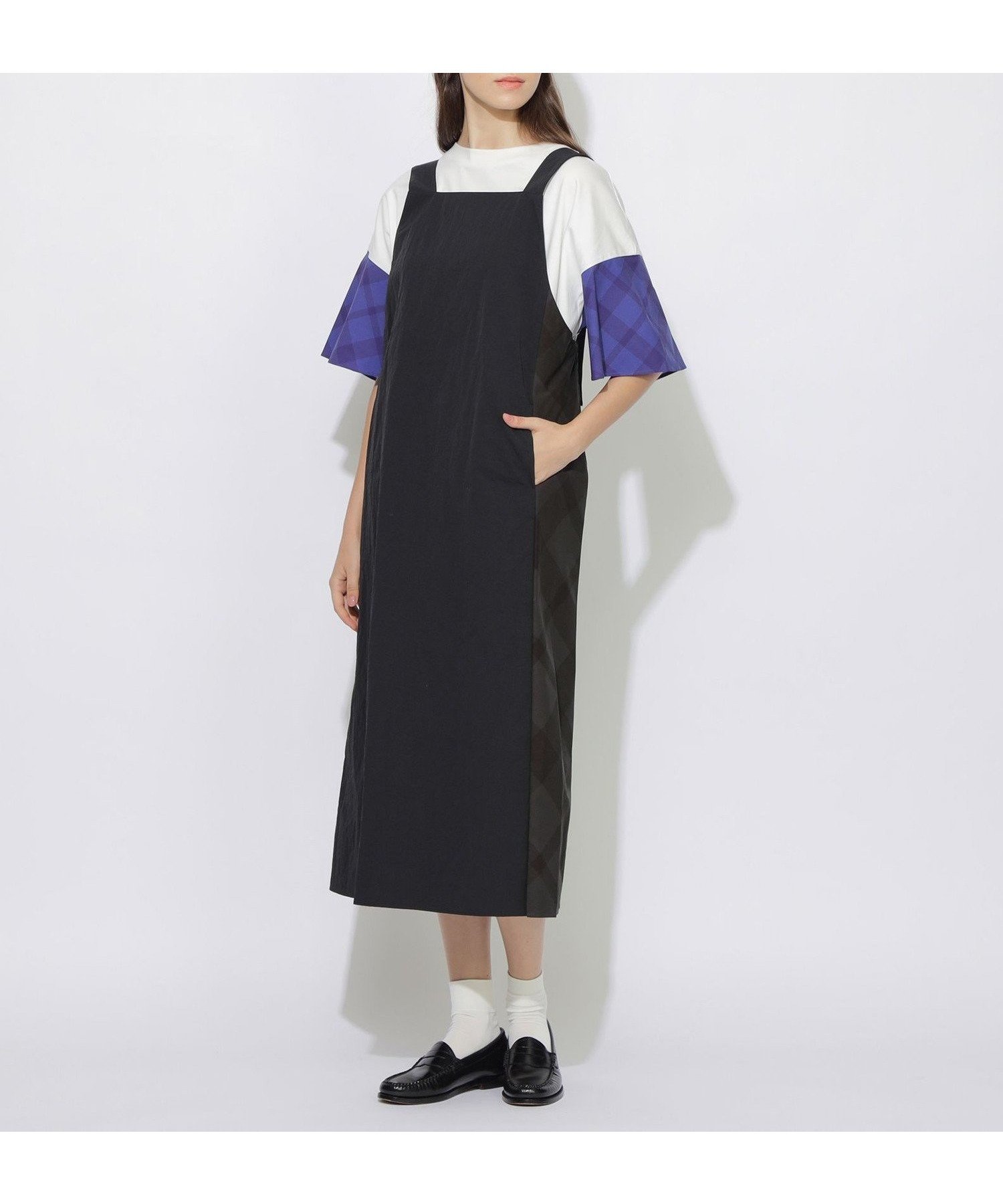 【ブルーレーベル クレストブリッジ/BLUE LABEL CRESTBRIDGE】のサイドチェック切替タフタエプロンワンピース インテリア・キッズ・メンズ・レディースファッション・服の通販 founy(ファニー) 　ファッション　Fashion　レディースファッション　Fashion for Women　ワンピース　Dresses　インナー　Innerwear　チェック　Check, Plaid, Tartan　トレンド　Trend, Trending Now　ロング　Long, Long-Length　切替　Switching, Contrast Panel　ブラック|ID: prp329100004827083 ipo3291000000035123875