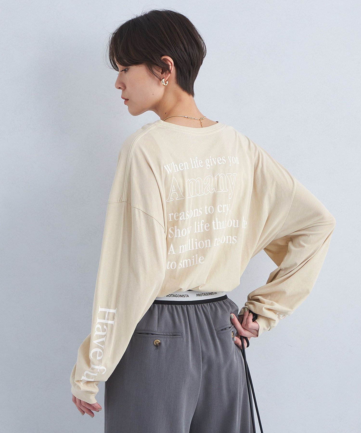 【ユナイテッドアローズ/UNITED ARROWS】の【別注】 PROTAGONISTA プリント ロングスリーブ Tシャツ インテリア・キッズ・メンズ・レディースファッション・服の通販 founy(ファニー) 　ファッション　Fashion　レディースファッション　Fashion for Women　トップス・カットソー　Cut & Sew Tops　シャツ・ブラウス・オフィスカジュアル　Elegant Blouses & Button-Ups　ロングTシャツ・Tシャツ　Longline T-Shirts & Tees　インナー　Innerwear　春　Spring　カーディガン　Cardigan, Knitwear　コレクション　Collection, Seasonal Line　シンプル　Simple, Minimal　ジャケット　Jacket, Outerwear　スリーブ　Sleeve, Long Sleeve / Short Sleeve　プリント　Print, Printed Pattern　ボトム　Bottoms, Lower Wear　別注　Limited Edition, Custom Order　リラックス　Relax, Relaxed Fit　ロング　Long, Long-Length　アウトレット　Outlet / Clearance　夏　Summer　BEIGE|ID: prp329100004827149 ipo3291000000035124837