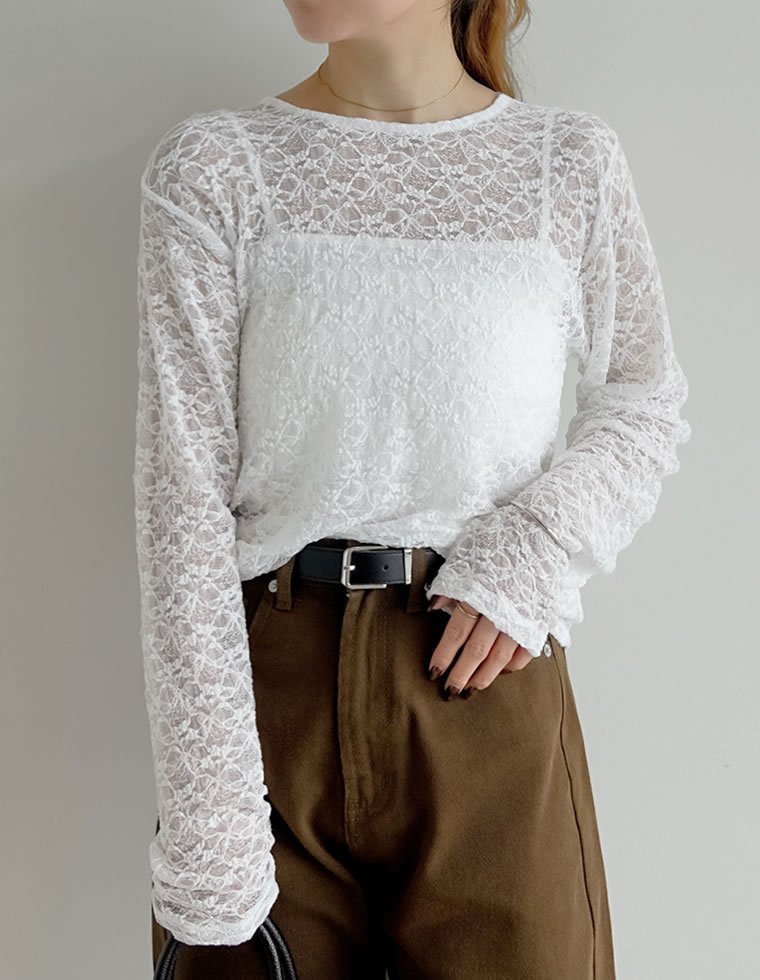 【リエディ/Re:EDIT】のカットレースクルーネック長袖トップス インテリア・キッズ・メンズ・レディースファッション・服の通販 founy(ファニー) 　ファッション　Fashion　レディースファッション　Fashion for Women　トップス・カットソー　Cut & Sew Tops　インナー　Innerwear　キャミソール　Camisole, Spaghetti Strap Top　キャミワンピース　Cami Dress, Slip Dress　ジャケット　Jacket, Outerwear　ストレッチ　Stretch, Stretchy Fabric　トレンド　Trend, Trending Now　ビスチェ　Bustier, Corset Top　ブルゾン　Blouson, Bomber Jacket　ベスト　Vest, Waistcoat　ベーシック　Basic, Essential　レース　Lace, Lace Fabric　ロング　Long, Long-Length　長袖　Long Sleeve, Full Sleeve　ホワイト|ID: prp329100004827587 ipo3291000000035129634