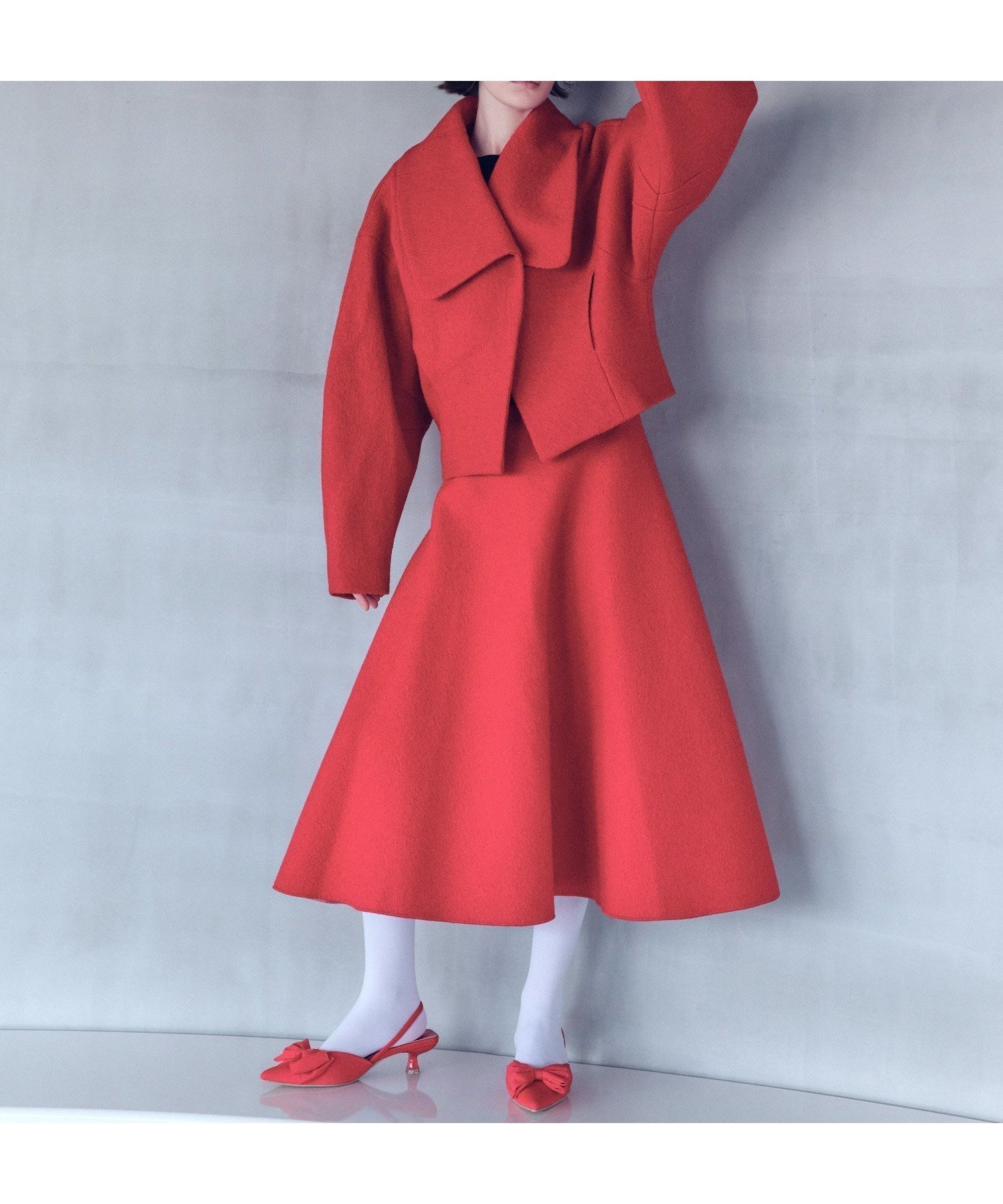 【ラエミューズ/LAEMUSE】のチェックビックカラーショートJK《セットアップ対応》 インテリア・キッズ・メンズ・レディースファッション・服の通販 founy(ファニー) 　ファッション　Fashion　レディースファッション　Fashion for Women　セットアップ　Matching Sets　コンパクト　Compact, Small Size　ショート　Short, Short Length　ジャケット　Jacket, Outerwear　セットアップ　Set-Up, Coordinated Outfit　チェック　Check, Plaid, Tartan　ビッグ　Big, Oversized　フォルム　Silhouette, Form　フレア　Flare, Flared　無地　Plain, Solid Color　レッド|ID: prp329100004827685 ipo3291000000035130903