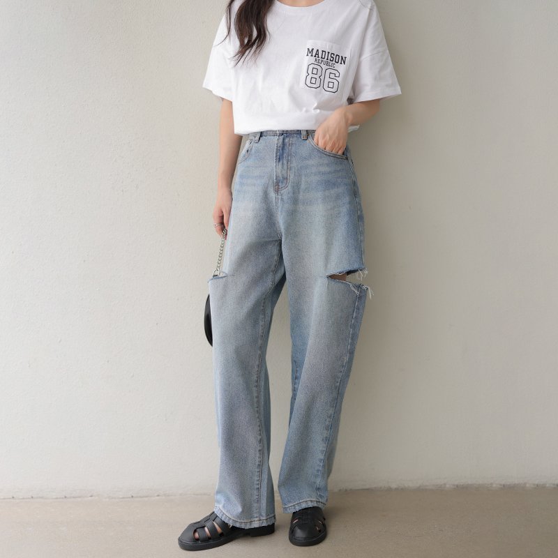 【ココモモ/COCOMOMO】のデニムパンツ サイドカットパンツ ダメージデニム ジーンズ レディース インテリア・キッズ・メンズ・レディースファッション・服の通販 founy(ファニー) 　ファッション　Fashion　レディースファッション　Fashion for Women　パンツ　Pants & Trousers　デニムパンツ・ジーンズ・美脚デニム　Denim Jeans & Pants　ヴィンテージ　Vintage Style　春　Spring　洗える　Machine Washable　秋　Autumn　カッティング　Cutting Detail　ジーンズ　Jeans, Denim Pants　ストレート　Straight, Straight Cut　スリット　Slit, Slit Detail　ダメージ　Distressed, Destroyed　デニム　Denim, Jeans Material　ボトム　Bottoms, Lower Wear　無地　Plain, Solid Color　ルーズ　Loose, Oversized　ロング　Long, Long-Length　ワイド　Wide, Wide Fit　冬　Winter / This Winter　A/W・秋冬　Autumn/Winter　S/S・春夏　SS, Spring/Summer, Warm Season　夏　Summer　旅行　Travel　ブルー|ID: prp329100004827792 ipo3291000000035132231