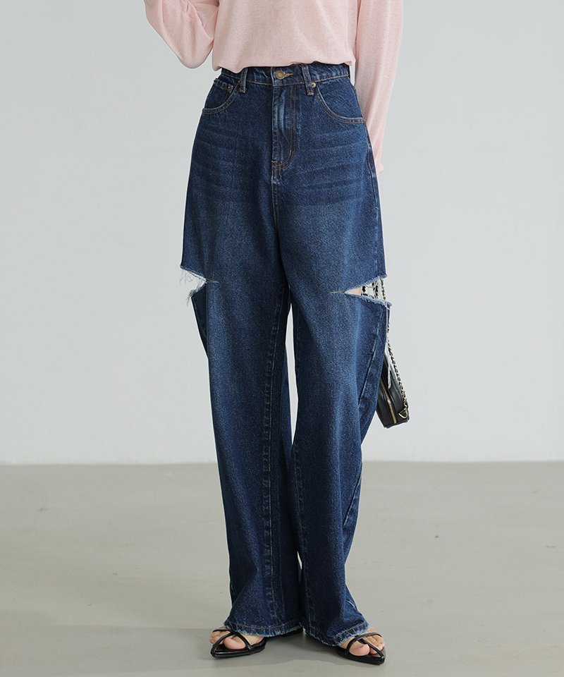 【ココモモ/COCOMOMO】のデニムパンツ サイドカットパンツ ダメージデニム ジーンズ レディース インテリア・キッズ・メンズ・レディースファッション・服の通販 founy(ファニー) 　ファッション　Fashion　レディースファッション　Fashion for Women　パンツ　Pants & Trousers　デニムパンツ・ジーンズ・美脚デニム　Denim Jeans & Pants　ヴィンテージ　Vintage Style　春　Spring　洗える　Machine Washable　秋　Autumn　カッティング　Cutting Detail　ジーンズ　Jeans, Denim Pants　ストレート　Straight, Straight Cut　スリット　Slit, Slit Detail　ダメージ　Distressed, Destroyed　デニム　Denim, Jeans Material　ボトム　Bottoms, Lower Wear　無地　Plain, Solid Color　ルーズ　Loose, Oversized　ロング　Long, Long-Length　ワイド　Wide, Wide Fit　冬　Winter / This Winter　A/W・秋冬　Autumn/Winter　S/S・春夏　SS, Spring/Summer, Warm Season　夏　Summer　旅行　Travel　ダークブルー|ID: prp329100004827792 ipo3291000000035132233