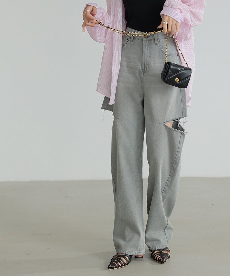 【ココモモ/COCOMOMO】のデニムパンツ サイドカットパンツ ダメージデニム ジーンズ レディース インテリア・キッズ・メンズ・レディースファッション・服の通販 founy(ファニー) 　ファッション　Fashion　レディースファッション　Fashion for Women　パンツ　Pants & Trousers　デニムパンツ・ジーンズ・美脚デニム　Denim Jeans & Pants　ヴィンテージ　Vintage Style　春　Spring　洗える　Machine Washable　秋　Autumn　カッティング　Cutting Detail　ジーンズ　Jeans, Denim Pants　ストレート　Straight, Straight Cut　スリット　Slit, Slit Detail　ダメージ　Distressed, Destroyed　デニム　Denim, Jeans Material　ボトム　Bottoms, Lower Wear　無地　Plain, Solid Color　ルーズ　Loose, Oversized　ロング　Long, Long-Length　ワイド　Wide, Wide Fit　冬　Winter / This Winter　A/W・秋冬　Autumn/Winter　S/S・春夏　SS, Spring/Summer, Warm Season　夏　Summer　旅行　Travel　グレー|ID: prp329100004827792 ipo3291000000035132234