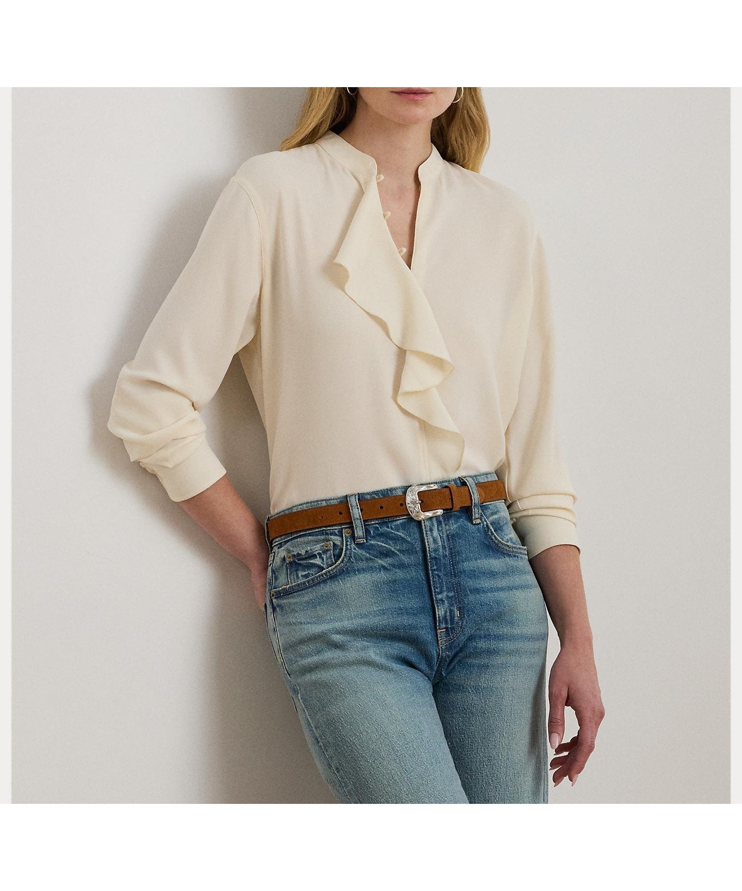 【ラルフローレン/RALPH LAUREN】のフリルトリムド ジョーゼット チュニック インテリア・キッズ・メンズ・レディースファッション・服の通販 founy(ファニー) 　ファッション　Fashion　レディースファッション　Fashion for Women　トップス・カットソー　Cut & Sew Tops　カフス　Cuff Design　ジョーゼット　Georgette, Semi-Sheer Fabric　ダブル　Double, Double-Breasted　チュニック　Tunic, Long Top　パール　Pearl, Pearl Accent　フィット　Fit, Slim Fit　フェイス　Face, Facial Design　フリル　Frill, Ruffle　メタル　Metal, Metal Parts　ラウンド　Round, Round Neck　リラックス　Relax, Relaxed Fit　ロマンティック　Romantic, Feminine Style　長袖　Long Sleeve, Full Sleeve　101ナチュラル|ID: prp329100004827962 ipo3291000000035134520