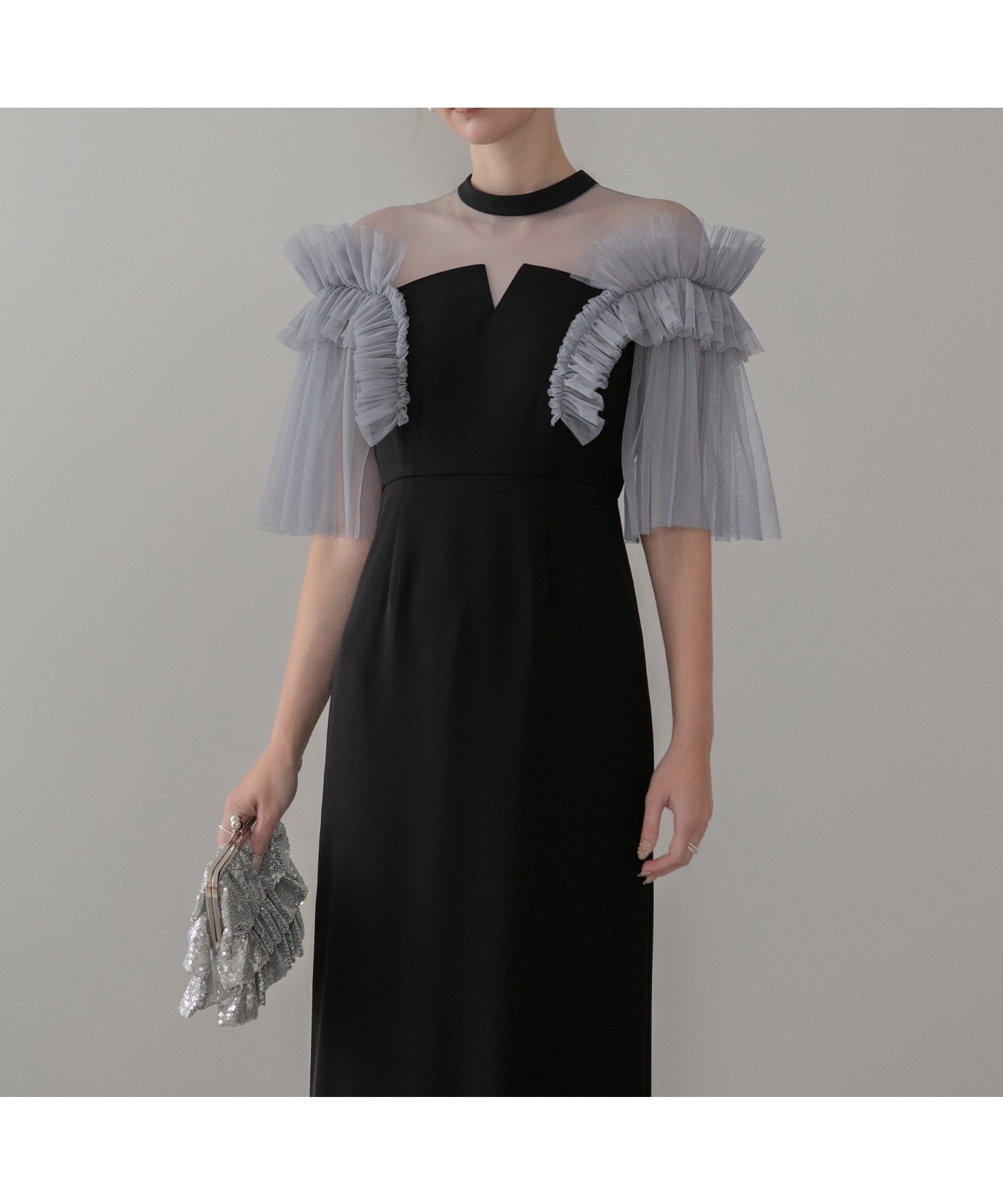 【レジャ/Leja】のLeja-チュールフリルショルダーシアーIラインワンピースドレス結婚式 インテリア・キッズ・メンズ・レディースファッション・服の通販 founy(ファニー) 　ファッション　Fashion　レディースファッション　Fashion for Women　ワンピース　Dresses　フォーマル・パーティードレス・結婚式用ドレス　Elegant & Casual Dresses　エレガント 上品　Elegant　スタイリッシュ　Stylish, Fashionable　チュール　Tulip, Tulip Motif　デコルテ　Décolleté, Neckline　ドレス　Dress, One-Piece　フェミニン　Feminine, Girly　レース　Lace, Lace Fabric　無地　Plain, Solid Color　結婚式　Wedding　BLACK|ID: prp329100004828005 ipo3291000000035135232