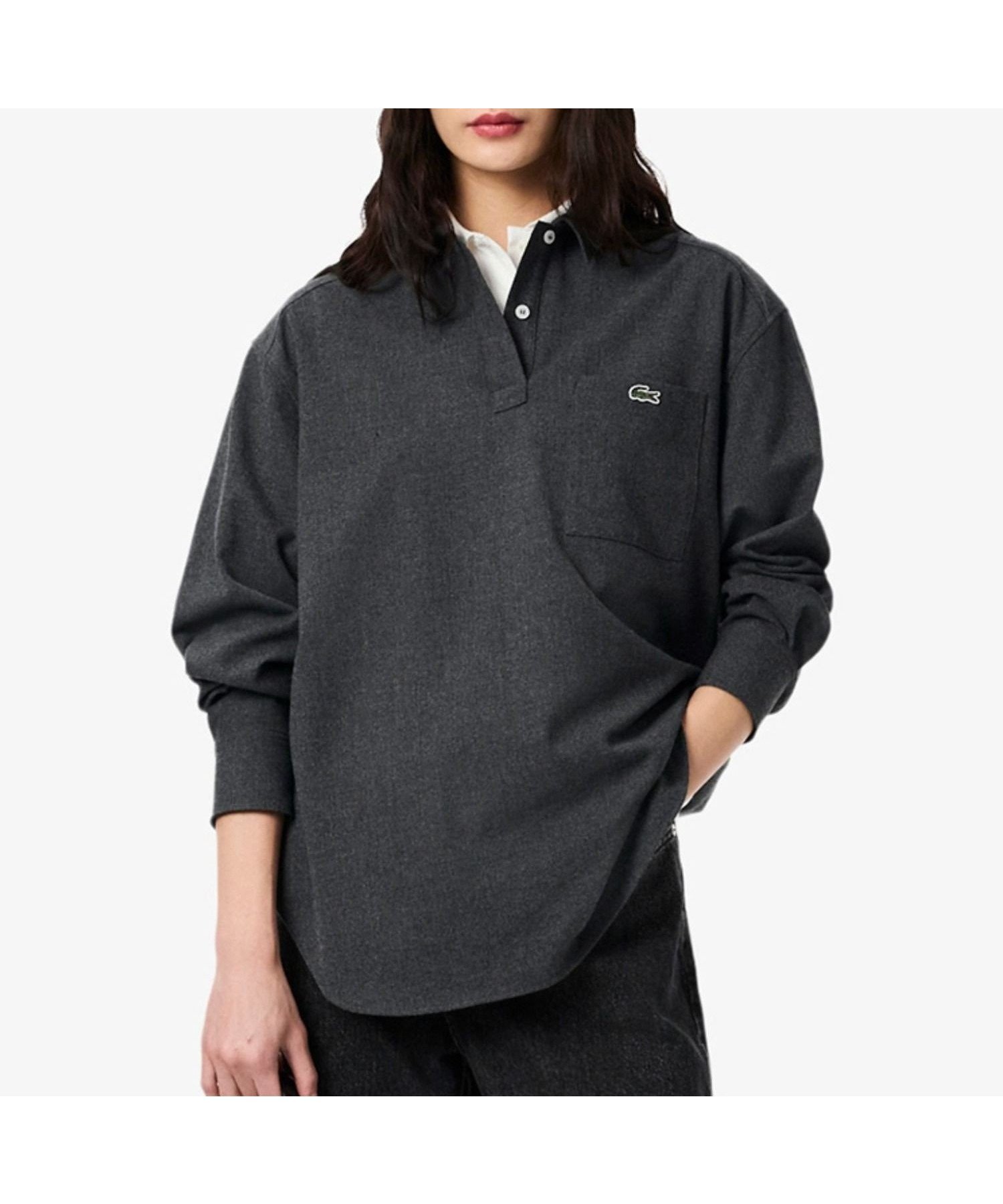 【ラコステ/LACOSTE】のオーバーサイズハーフボタン ストレッチフランネルシャツ インテリア・キッズ・メンズ・レディースファッション・服の通販 founy(ファニー) 　ファッション　Fashion　レディースファッション　Fashion for Women　トップス・カットソー　Cut & Sew Tops　シャツ・ブラウス・オフィスカジュアル　Elegant Blouses & Button-Ups　ストレッチ　Stretch, Stretchy Fabric　セットアップ　Set-Up, Coordinated Outfit　ポケット　Pocket, Pocket Detail　ポロシャツ　Polo Shirt, Collared Tee　グレー|ID: prp329100004828020 ipo3291000000035135409