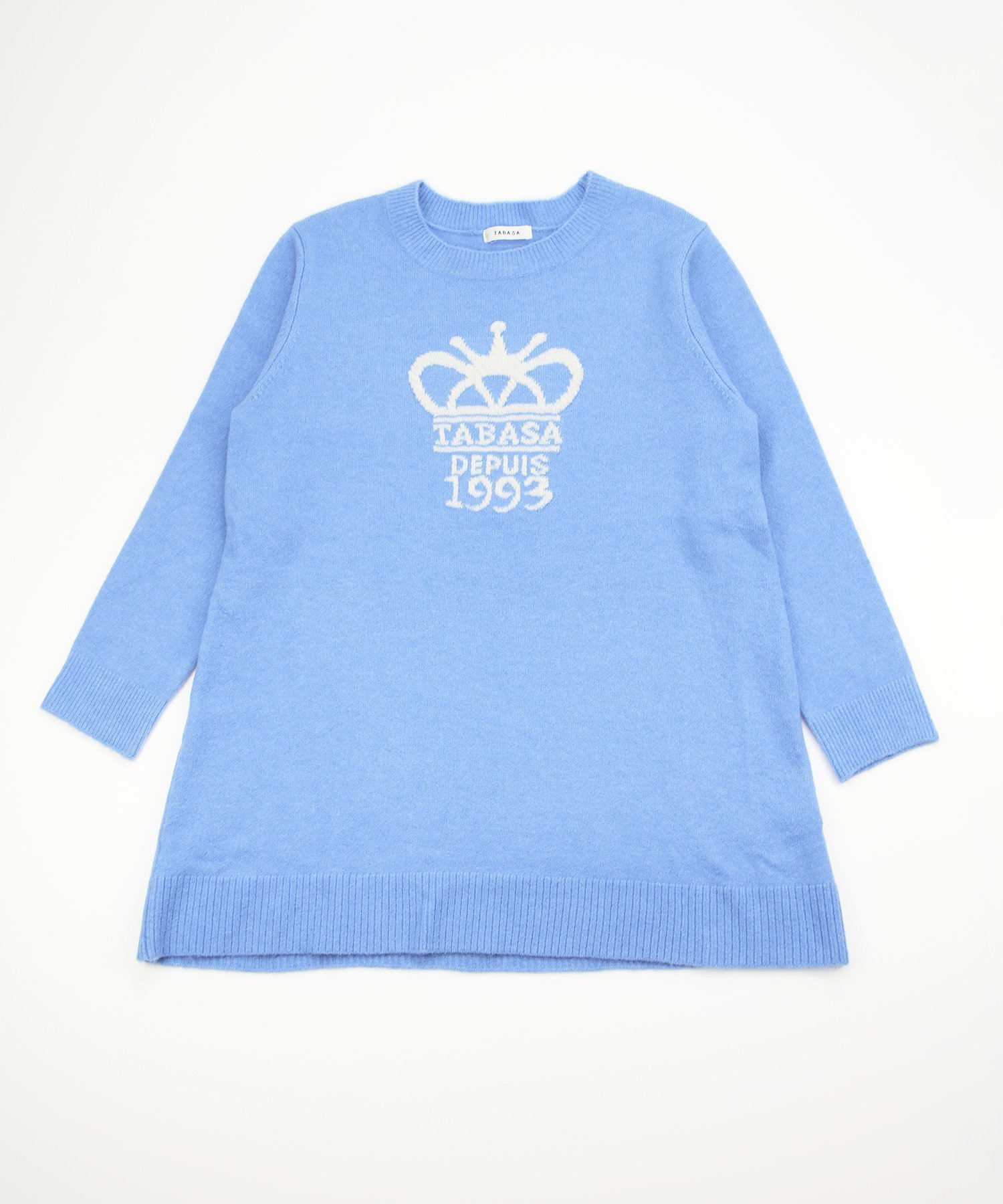 【タバサ/TABASA】のクラウン ロゴニットチュニック インテリア・キッズ・メンズ・レディースファッション・服の通販 founy(ファニー) 　ファッション　Fashion　レディースファッション　Fashion for Women　トップス・カットソー　Cut & Sew Tops　ニット　Knit Tops & Sweaters　クラウン　Crown, Royal Motif　ストレッチ　Stretch, Stretchy Fabric　チュニック　Tunic, Long Top　ブルー|ID: prp329100004828022 ipo3291000000035135458