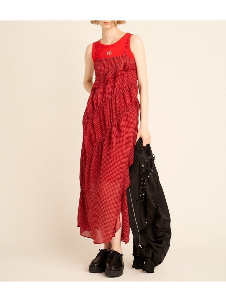 【ファーファー/FURFUR】のドロストキャミワンピース インテリア・キッズ・メンズ・レディースファッション・服の通販 founy(ファニー) 　ファッション　Fashion　レディースファッション　Fashion for Women　ワンピース　Dresses　キャミソールワンピース　Camisole Dresses　インナー　Innerwear　シアー　Sheer, See-Through　シフォン　Chiffon, Lightweight Fabric　スマート　Smart, Elegant　スリット　Slit, Slit Detail　チェック　Check, Plaid, Tartan　ドレープ　Drape, Draping Fabric　フェミニン　Feminine, Girly　フリル　Frill, Ruffle　RED[046]|ID: prp329100004828238 ipo3291000000035137936