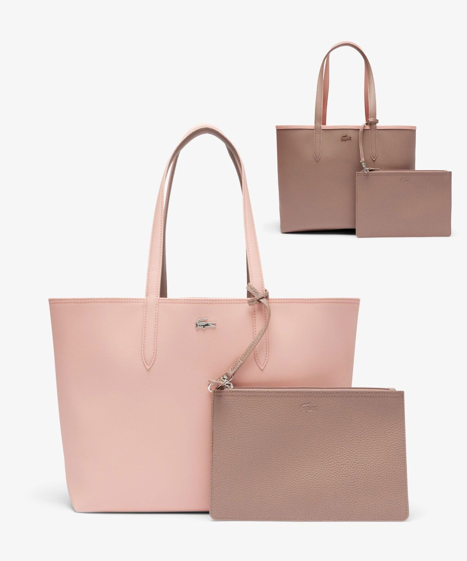 【ラコステ/LACOSTE】のANNA 2WAY リバーシブル トートバッグ インテリア・キッズ・メンズ・レディースファッション・服の通販 founy(ファニー) 　ファッション　Fashion　レディースファッション　Fashion for Women　バッグ　Bags　エレガント 上品　Elegant　クラッチ　Clutch, Clutch Bag　ジップ　Zip, Zipper　スタイリッシュ　Stylish, Fashionable　トラベル　Travel, Travel Gear　ポロシャツ　Polo Shirt, Collared Tee　メタリック　Metallic, Shiny Finish　モダン　Modern, Contemporary　ラップ　Wrap, Wrap Design　リバーシブル　Reversible, Two-Sided　ワンポイント　One Point, Statement Accent　ビジネス 仕事 通勤　Business / Work / Commuting　ピンクベージュ|ID: prp329100004828268 ipo3291000000035138249