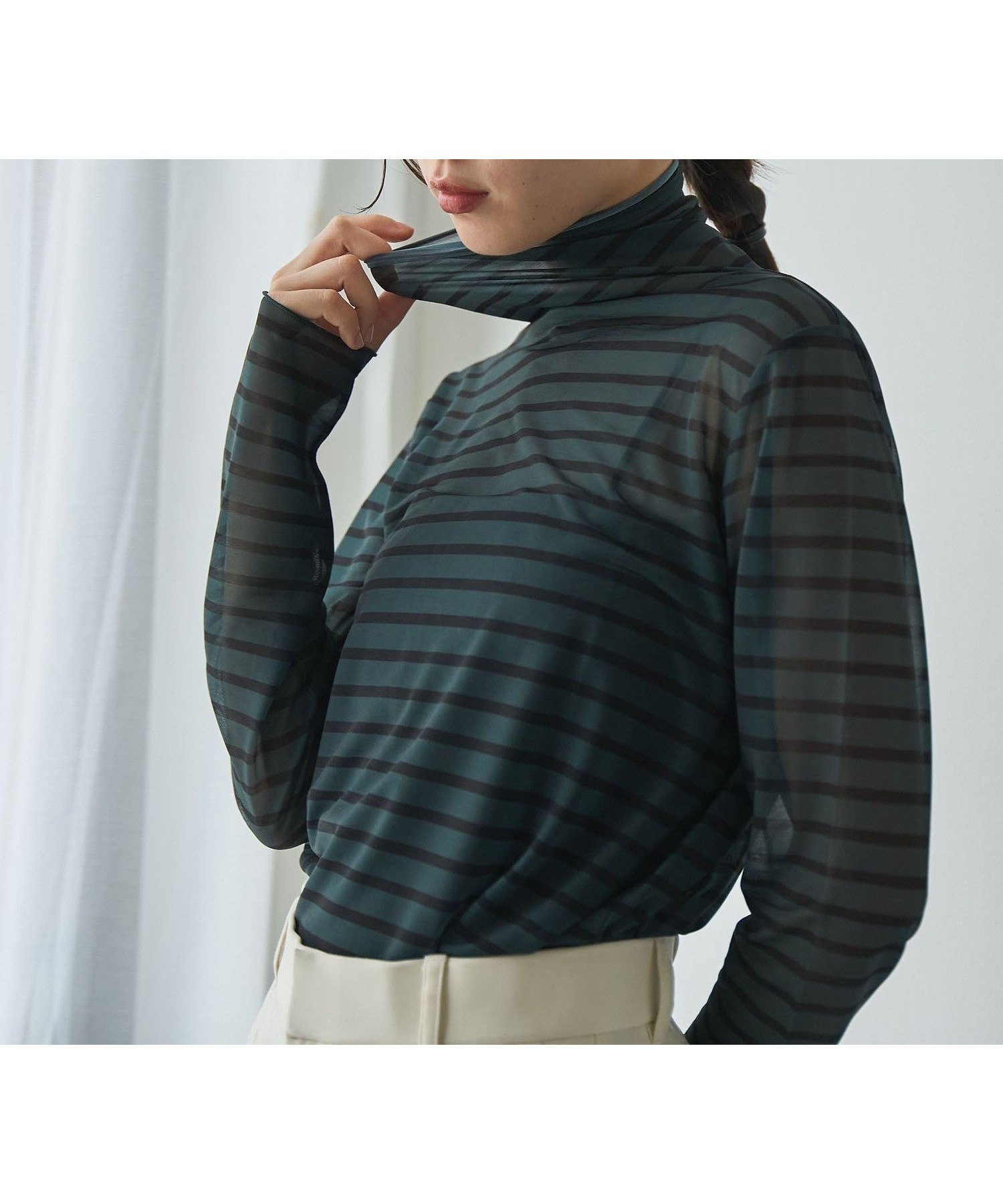 【コーエン/COEN】のシアーボーダーロングスリーブTシャツ インテリア・キッズ・メンズ・レディースファッション・服の通販 founy(ファニー) 　ファッション　Fashion　レディースファッション　Fashion for Women　トップス・カットソー　Cut & Sew Tops　シャツ・ブラウス・オフィスカジュアル　Elegant Blouses & Button-Ups　ロングTシャツ・Tシャツ　Longline T-Shirts & Tees　インナー　Innerwear　秋　Autumn　カットソー　Cut and Sewn Top　シアー　Sheer, See-Through　タートルネック　Turtleneck, High Neck　トレンド　Trend, Trending Now　ハイネック　High Neck, Mock Neck　プリント　Print, Printed Pattern　ボーダー　Border, Stripe　夏　Summer　DK.GREEN|ID: prp329100004828279 ipo3291000000035138293