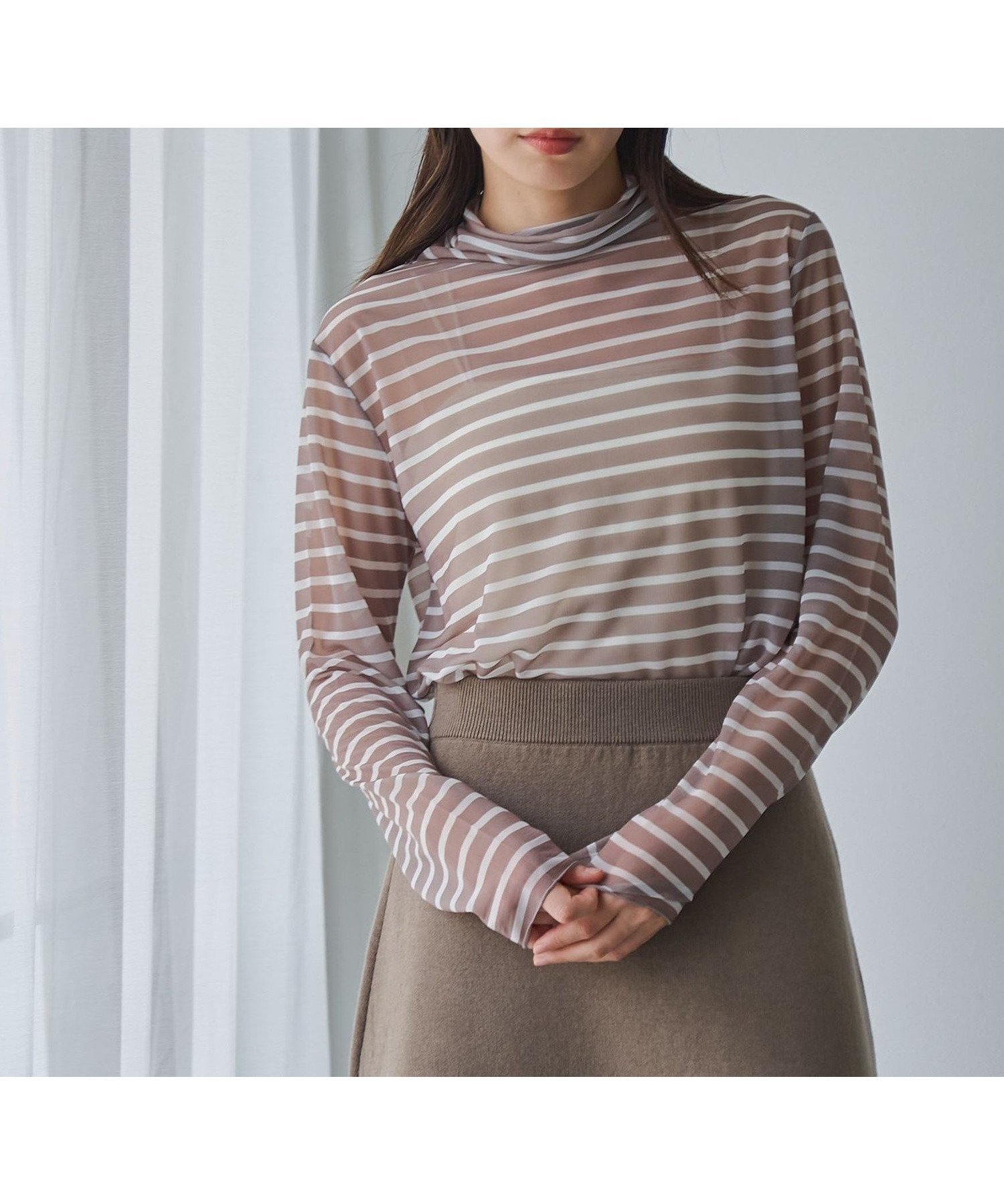 【コーエン/COEN】のシアーボーダーロングスリーブTシャツ インテリア・キッズ・メンズ・レディースファッション・服の通販 founy(ファニー) 　ファッション　Fashion　レディースファッション　Fashion for Women　トップス・カットソー　Cut & Sew Tops　シャツ・ブラウス・オフィスカジュアル　Elegant Blouses & Button-Ups　ロングTシャツ・Tシャツ　Longline T-Shirts & Tees　インナー　Innerwear　秋　Autumn　カットソー　Cut and Sewn Top　シアー　Sheer, See-Through　タートルネック　Turtleneck, High Neck　トレンド　Trend, Trending Now　ハイネック　High Neck, Mock Neck　プリント　Print, Printed Pattern　ボーダー　Border, Stripe　夏　Summer　BEIGE|ID: prp329100004828279 ipo3291000000035138296