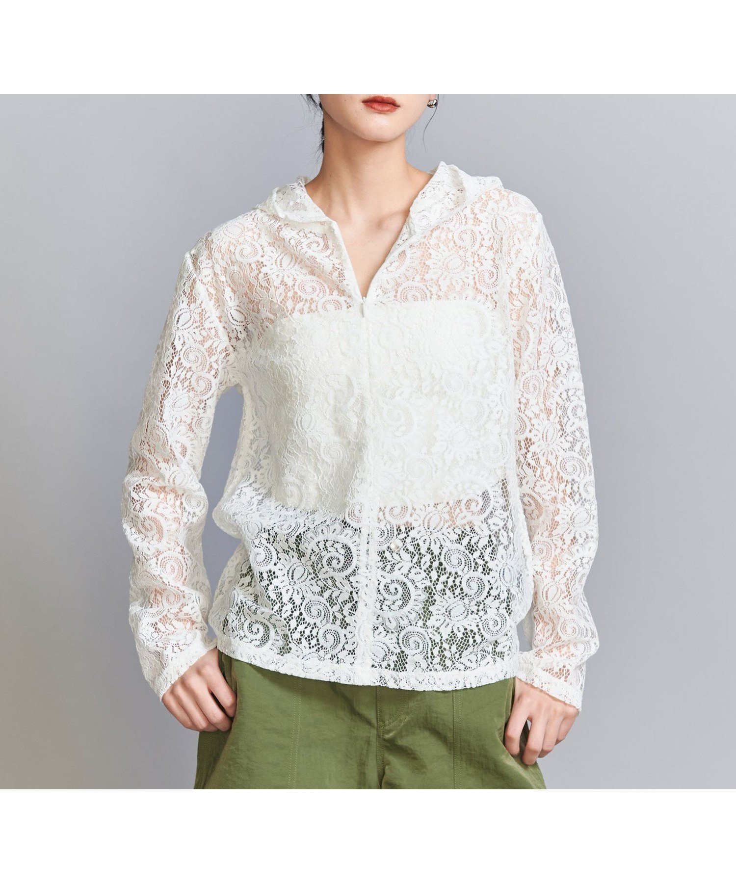 【ユナイテッドアローズ/UNITED ARROWS】のレース ハーフジップ フーディ インテリア・キッズ・メンズ・レディースファッション・服の通販 founy(ファニー) 　ファッション　Fashion　レディースファッション　Fashion for Women　インナー　Innerwear　グラフィック　Graphic, Graphic Design　ジャケット　Jacket, Outerwear　スポーティ　Sporty, Casual Athletic　フェミニン　Feminine, Girly　フロント　Front, Front Design　プリント　Print, Printed Pattern　レース　Lace, Lace Fabric　アウトレット　Outlet / Clearance　おすすめ　Recommended / Our Picks　OFF WHITE|ID: prp329100004828282 ipo3291000000035138328