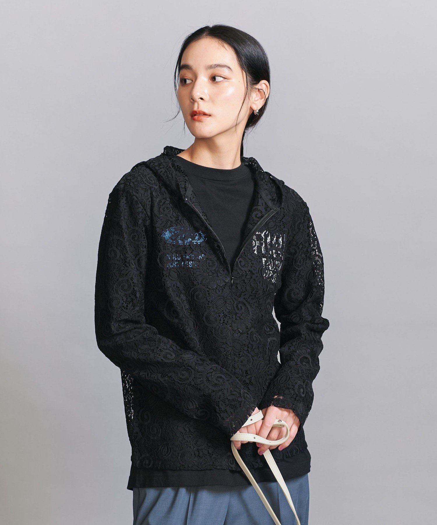 【ユナイテッドアローズ/UNITED ARROWS】のレース ハーフジップ フーディ インテリア・キッズ・メンズ・レディースファッション・服の通販 founy(ファニー) 　ファッション　Fashion　レディースファッション　Fashion for Women　インナー　Innerwear　グラフィック　Graphic, Graphic Design　ジャケット　Jacket, Outerwear　スポーティ　Sporty, Casual Athletic　フェミニン　Feminine, Girly　フロント　Front, Front Design　プリント　Print, Printed Pattern　レース　Lace, Lace Fabric　アウトレット　Outlet / Clearance　おすすめ　Recommended / Our Picks　BLACK|ID: prp329100004828282 ipo3291000000035138329