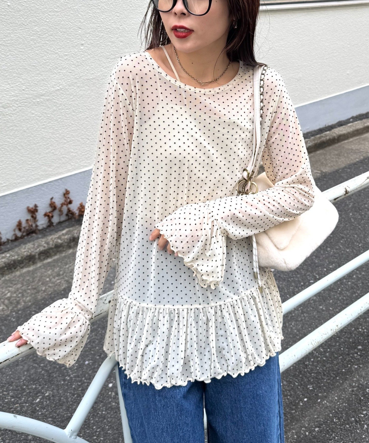 【チャオパニックティピー/CIAOPANIC TYPY】の【レイヤードにおすすめ】フロッキードットチュールフリルトップス 人気、トレンドファッション・服の通販 founy(ファニー) 　ファッション　Fashion　レディースファッション　Fashion for Women　トップス・カットソー　Cut & Sew Tops　インナー　Innerwear　カーディガン　Cardigan, Knitwear　キャミワンピース　Cami Dress, Slip Dress　ギャザー　Gathered, Ruffled　シンプル　Simple, Minimal　ジャケット　Jacket, Outerwear　スラックス　Slacks, Dress Pants　タイトスカート　Pencil Skirt, Tight Skirt　チュール　Tulip, Tulip Motif　デニム　Denim, Jeans Material　ドット　Polka Dot, Dot Pattern　フリル　Frill, Ruffle　ボトム　Bottoms, Lower Wear　ミックス　Mix, Mixed Style　おすすめ　Recommended / Our Picks　 other-1|ID: prp329100004828548 ipo3291000000035140869