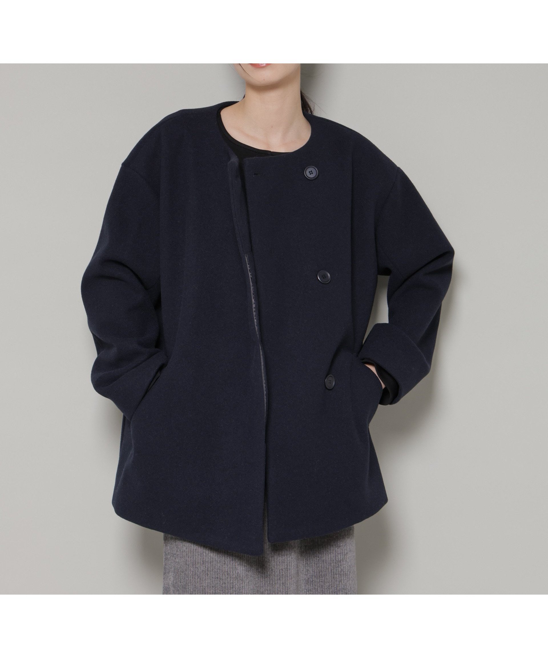 【ナノ ユニバース/nano universe】のノーカラーミドルコート インテリア・キッズ・メンズ・レディースファッション・服の通販 founy(ファニー) 　ファッション　Fashion　レディースファッション　Fashion for Women　アウター　Coat / Outerwear Collection　コート・ロングコート・ピーコート　Long Coats, Peacoats & More　インナー　Innerwear　シンプル　Simple, Minimal　ダブル　Double, Double-Breasted　フロント　Front, Front Design　ボトム　Bottoms, Lower Wear　ミドル　Middle Length, Mid Height　メルトン　Melton, Heavy Wool　冬　Winter / This Winter　アウトレット　Outlet / Clearance　エレガント 上品　Elegant　2026年　2026　D.ネイビー1|ID: prp329100004828620 ipo3291000000035141796