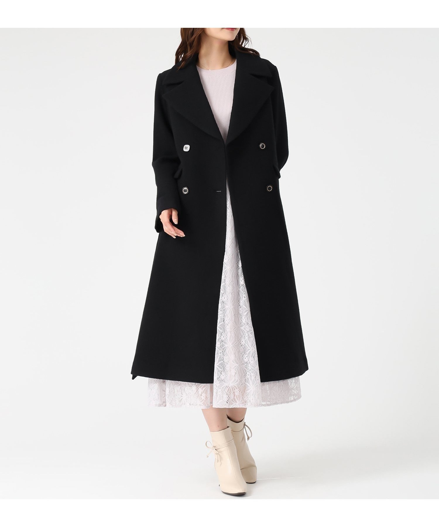 【ミッシュマッシュ/MISCH MASCH】のMM548605 ダブルボタンAラインコート インテリア・キッズ・メンズ・レディースファッション・服の通販 founy(ファニー) 　ファッション　Fashion　レディースファッション　Fashion for Women　アウター　Coat / Outerwear Collection　コート・ロングコート・ピーコート　Long Coats, Peacoats & More　Aラインコート　A-Line Coats　ダブル　Double, Double-Breasted　デニム　Denim, Jeans Material　フェミニン　Feminine, Girly　ブラック|ID: prp329100004828678 ipo3291000000035142377