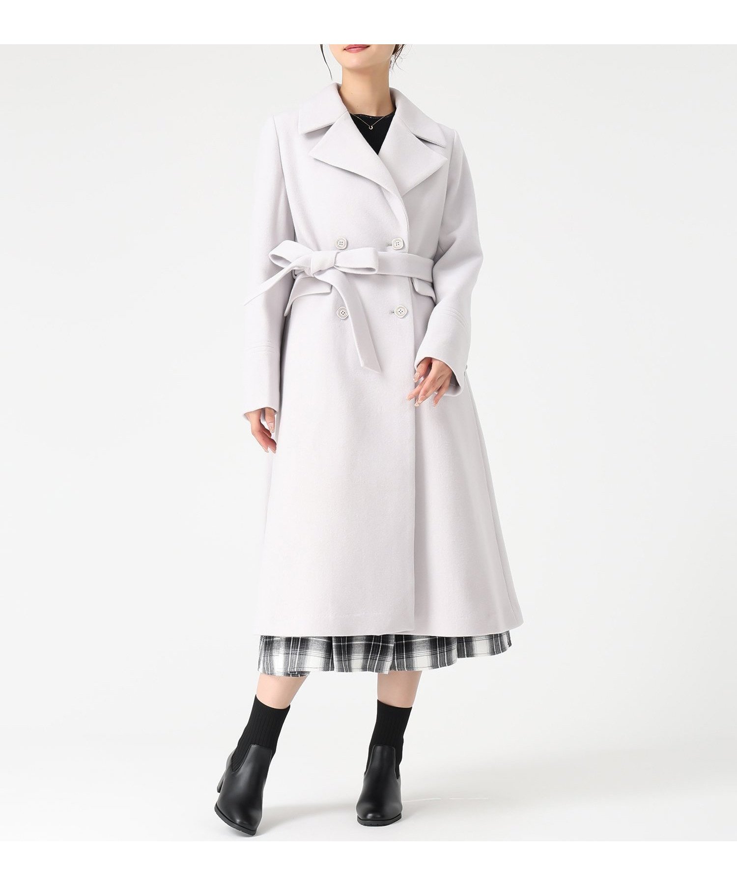 【ミッシュマッシュ/MISCH MASCH】のMM548605 ダブルボタンAラインコート インテリア・キッズ・メンズ・レディースファッション・服の通販 founy(ファニー) 　ファッション　Fashion　レディースファッション　Fashion for Women　アウター　Coat / Outerwear Collection　コート・ロングコート・ピーコート　Long Coats, Peacoats & More　Aラインコート　A-Line Coats　ダブル　Double, Double-Breasted　デニム　Denim, Jeans Material　フェミニン　Feminine, Girly　ライトグレー|ID: prp329100004828678 ipo3291000000035142378