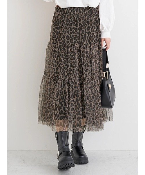 【ジェイ アンド シュプール/Re J&SUPURE】のチュールティアードスカート(レオパード柄・迷彩柄) インテリア・キッズ・メンズ・レディースファッション・服の通販 founy(ファニー) 　ファッション　Fashion　レディースファッション　Fashion for Women　スカート　Skirts　ティアードスカート　Tiered Skirts　厚底　Platform Shoes　クール　Cool, Chic　シューズ　Shoes, Footwear　シンプル　Simple, Minimal　スウェット / スエット　Sweatshirt, Sweatwear　チュール　Tulip, Tulip Motif　ティアード　Tiered, Tiered Style　フィット　Fit, Slim Fit　ポケット　Pocket, Pocket Detail　無地　Plain, Solid Color　レオパード　Leopard, Animal Print　おすすめ　Recommended / Our Picks　茶|ID: prp329100004828754 ipo3291000000035143306