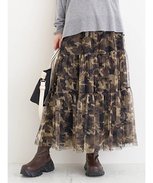 【ジェイ アンド シュプール/Re J&SUPURE】のチュールティアードスカート(レオパード柄・迷彩柄) インテリア・キッズ・メンズ・レディースファッション・服の通販 founy(ファニー) 　ファッション　Fashion　レディースファッション　Fashion for Women　スカート　Skirts　ティアードスカート　Tiered Skirts　厚底　Platform Shoes　クール　Cool, Chic　シューズ　Shoes, Footwear　シンプル　Simple, Minimal　スウェット / スエット　Sweatshirt, Sweatwear　チュール　Tulip, Tulip Motif　ティアード　Tiered, Tiered Style　フィット　Fit, Slim Fit　ポケット　Pocket, Pocket Detail　無地　Plain, Solid Color　レオパード　Leopard, Animal Print　おすすめ　Recommended / Our Picks　緑|ID: prp329100004828754 ipo3291000000035143307