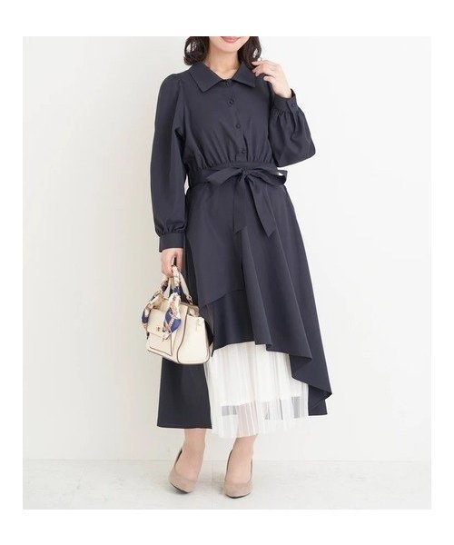 【ジェイ アンド シュプール/Re J&SUPURE】の裾チュールアシメ切り替えシャツワンピース インテリア・キッズ・メンズ・レディースファッション・服の通販 founy(ファニー) 　ファッション　Fashion　レディースファッション　Fashion for Women　ワンピース　Dresses　シャツワンピース / 1枚で着映えコーデ　Shirt Dresses　アクセサリー　Fashion Accessories　アシンメトリー　Asymmetrical Style　サンダル　Sandals, Summer Shoes　スキッパー　Skipper, Open Collar　チュール　Tulip, Tulip Motif　フェミニン　Feminine, Girly　フレア　Flare, Flared　ポケット　Pocket, Pocket Detail　リボン　Ribbon, Bow　おすすめ　Recommended / Our Picks　紺|ID: prp329100004828784 ipo3291000000035143655