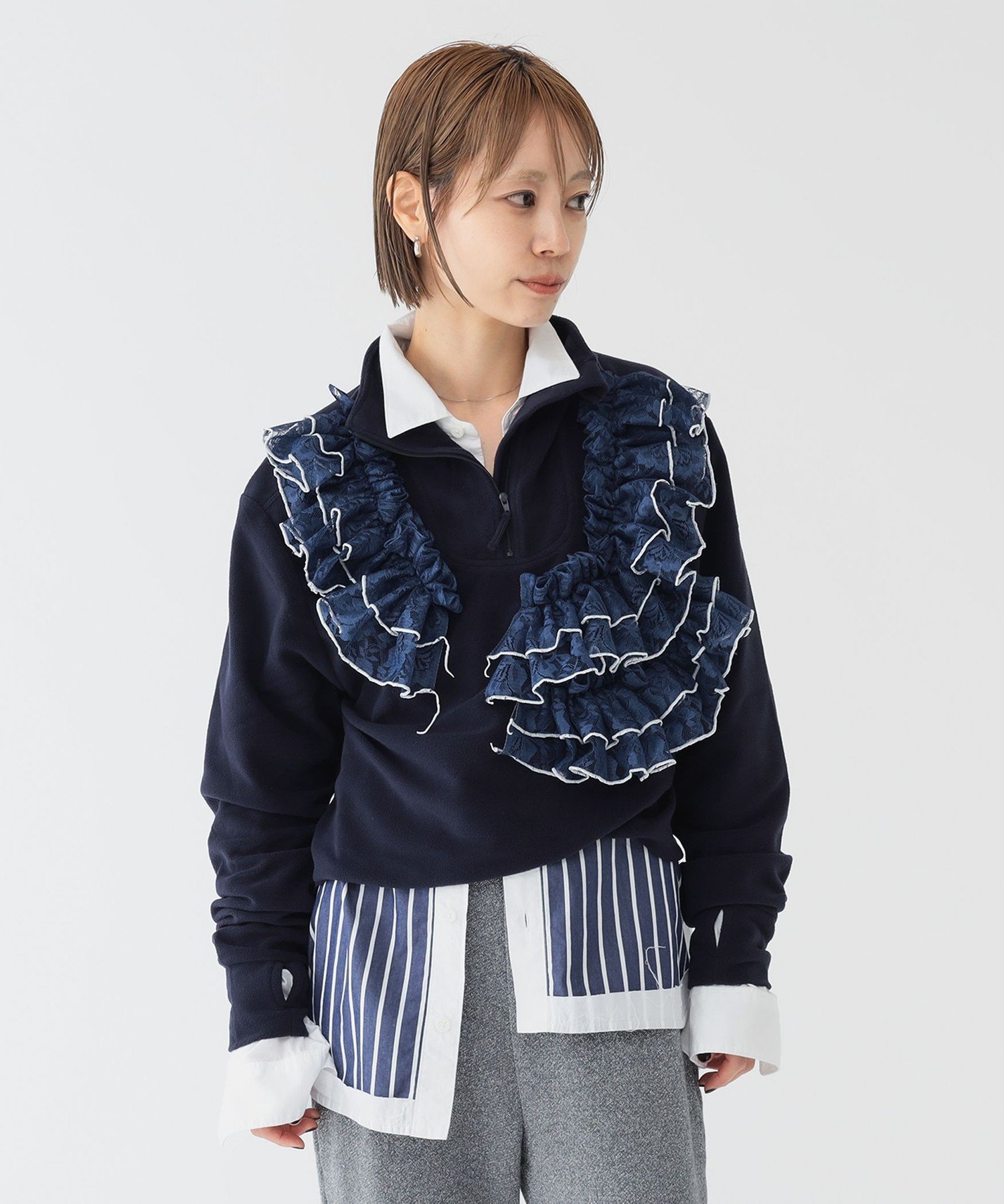 【ビームス ウイメン/BEAMS】の【別注】Orfeo * maturely / フリース ハーフジップ インテリア・キッズ・メンズ・レディースファッション・服の通販 founy(ファニー) 　ファッション　Fashion　レディースファッション　Fashion for Women　アシンメトリー　Asymmetrical Style　コレクション　Collection, Seasonal Line　シンプル　Simple, Minimal　デニム　Denim, Jeans Material　バランス　Balance, Style Balance　フリル　Frill, Ruffle　別注　Limited Edition, Custom Order　モダン　Modern, Contemporary　ラッセル　Raschel, Raschel Lace　レース　Lace, Lace Fabric　ワイド　Wide, Wide Fit　おすすめ　Recommended / Our Picks　NAVY|ID: prp329100004828820 ipo3291000000035144063