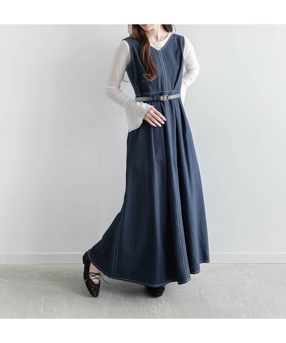 【ランダ/RANDA】のタックフレアデニムワンピース インテリア・キッズ・メンズ・レディースファッション・服の通販 founy(ファニー) 　ファッション　Fashion　レディースファッション　Fashion for Women　ワンピース　Dresses　インナー　Innerwear　シンプル　Simple, Minimal　デニム　Denim, Jeans Material　フィット　Fit, Slim Fit　フレア　Flare, Flared　ポケット　Pocket, Pocket Detail　ロング　Long, Long-Length　エレガント 上品　Elegant　INDIGO|ID: prp329100004828857 ipo3291000000035144559