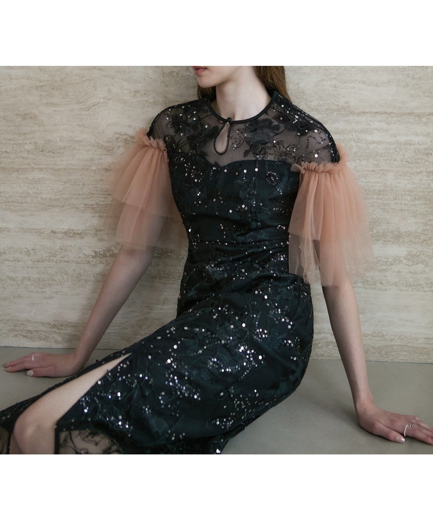 【レジャ/Leja】のLeja-フラワースパンコールチュールスリーブIラインドレス結婚式 インテリア・キッズ・メンズ・レディースファッション・服の通販 founy(ファニー) 　ファッション　Fashion　レディースファッション　Fashion for Women　ワンピース　Dresses　フォーマル・パーティードレス・結婚式用ドレス　Elegant & Casual Dresses　スパンコール　Sequins, Sequin Embellishment　スリット　Slit, Slit Detail　ドレス　Dress, One-Piece　フォーマル　Formal, Dressy　フロント　Front, Front Design　エレガント 上品　Elegant　結婚式　Wedding　BLACK|ID: prp329100004828876 ipo3291000000035144856