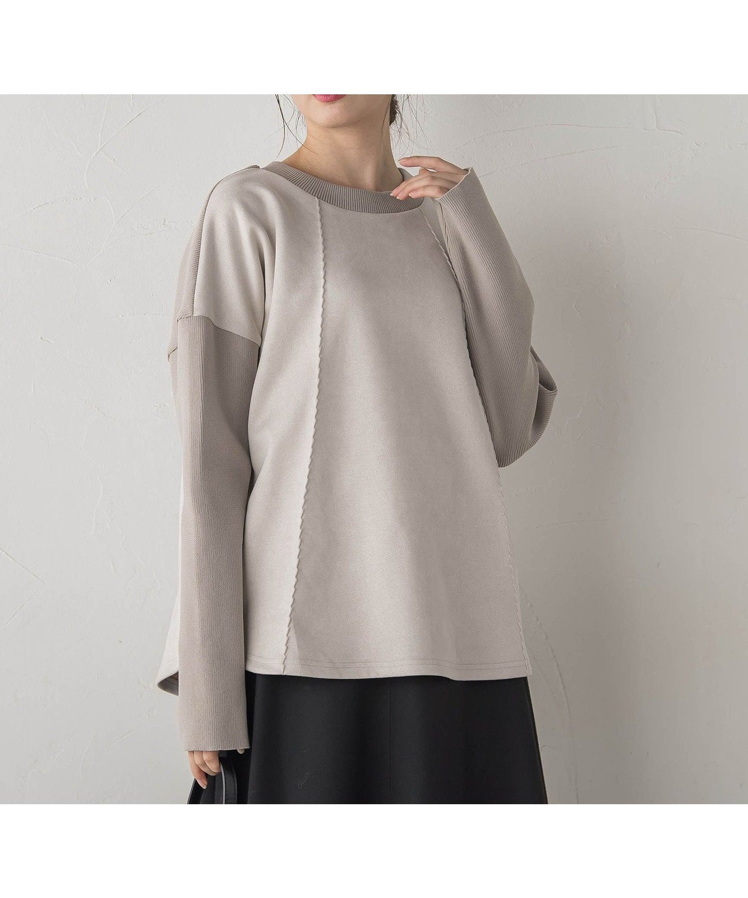 【ドロワット ロートレアモン/Droite Lautreamont】のスエード*リブ変形切替えプルオーバー≪手洗い可能≫ インテリア・キッズ・メンズ・レディースファッション・服の通販 founy(ファニー) 　ファッション　Fashion　レディースファッション　Fashion for Women　トップス・カットソー　Cut & Sew Tops　カジュアルプルオーバー・ニットトップス　Pullovers & Knit Tops / Casual Pullovers　シンプル　Simple, Minimal　ストレッチ　Stretch, Stretchy Fabric　セットアップ　Set-Up, Coordinated Outfit　トレンド　Trend, Trending Now　なめらか　Smooth, Silky Texture　長袖　Long Sleeve, Full Sleeve　フェミニン　Feminine, Girly　フロント　Front, Front Design　ヨーク　Yoke, Yoke Design　冬　Winter / This Winter　A/W・秋冬　Autumn/Winter　エレガント 上品　Elegant　2025年　2025　2025-2026秋冬・A/W　Autumn/Winter 2025–26 AW25–26　ベージュ|ID: prp329100004828883 ipo3291000000035145000