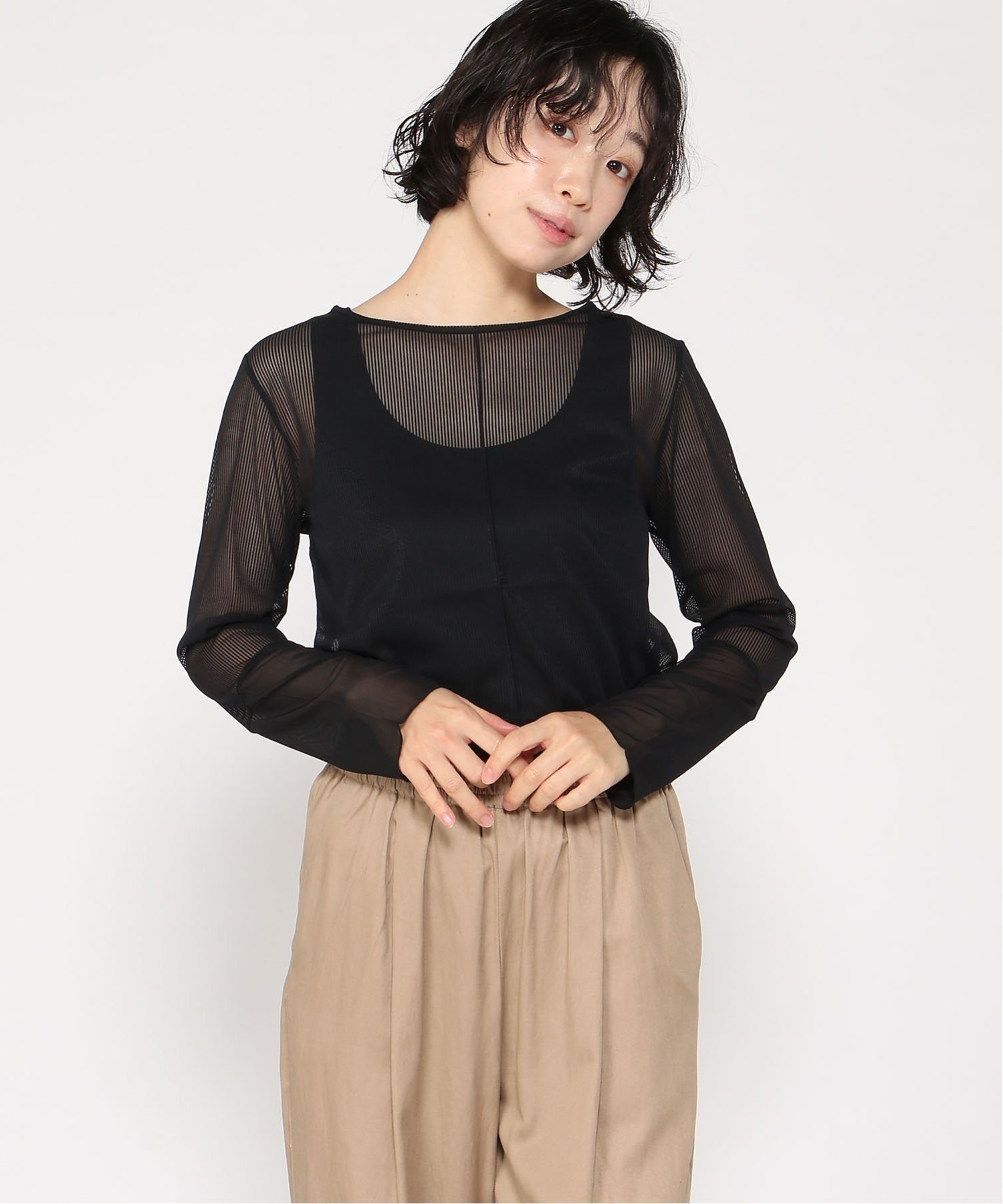 【ラナン/Ranan】のRanan/シアーボーダー袖切替ロンT インテリア・キッズ・メンズ・レディースファッション・服の通販 founy(ファニー) 　ファッション　Fashion　レディースファッション　Fashion for Women　トップス・カットソー　Cut & Sew Tops　ロングTシャツ・Tシャツ　Longline T-Shirts & Tees　インナー　Innerwear　切替　Switching, Contrast Panel　シンプル　Simple, Minimal　ベスト　Vest, Waistcoat　ベーシック　Basic, Essential　ボーダー　Border, Stripe　夏　Summer　ブラック|ID: prp329100004829311 ipo3291000000035148604