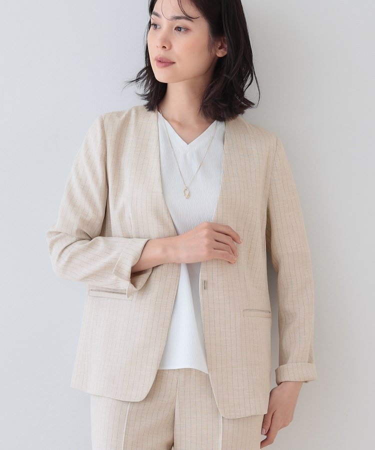 【インディヴィ/INDIVI】の【こなれSETUP/ストライプ柄】リネンライクノーカラージャケット インテリア・キッズ・メンズ・レディースファッション・服の通販 founy(ファニー) 　ファッション　Fashion　レディースファッション　Fashion for Women　アウター　Coat / Outerwear Collection　レディースジャケット・軽アウター　Jackets　ノーカラージャケット / シンプル上品コーデ　Collarless Jackets　オックス　Oxford Fabric　カーディガン　Cardigan, Knitwear　ジャケット　Jacket, Outerwear　ストライプ　Stripe, Striped Pattern　スマート　Smart, Elegant　セットアップ　Set-Up, Coordinated Outfit　トレンド　Trend, Trending Now　ボトム　Bottoms, Lower Wear　ポケット　Pocket, Pocket Detail　ワイド　Wide, Wide Fit　おすすめ　Recommended / Our Picks　アイボリー|ID: prp329100004829554 ipo3291000000035150918
