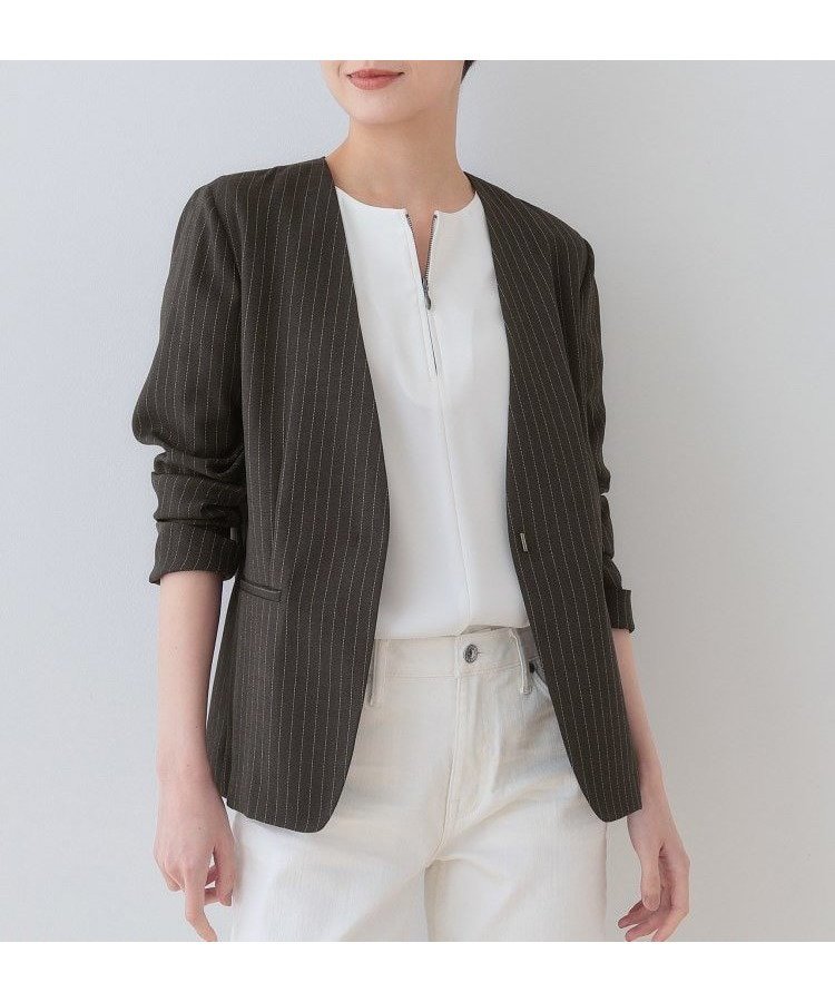【インディヴィ/INDIVI】の【こなれSETUP/ストライプ柄】リネンライクノーカラージャケット インテリア・キッズ・メンズ・レディースファッション・服の通販 founy(ファニー) 　ファッション　Fashion　レディースファッション　Fashion for Women　アウター　Coat / Outerwear Collection　レディースジャケット・軽アウター　Jackets　ノーカラージャケット / シンプル上品コーデ　Collarless Jackets　オックス　Oxford Fabric　カーディガン　Cardigan, Knitwear　ジャケット　Jacket, Outerwear　ストライプ　Stripe, Striped Pattern　スマート　Smart, Elegant　セットアップ　Set-Up, Coordinated Outfit　トレンド　Trend, Trending Now　ボトム　Bottoms, Lower Wear　ポケット　Pocket, Pocket Detail　ワイド　Wide, Wide Fit　おすすめ　Recommended / Our Picks　チャコールグレー|ID: prp329100004829554 ipo3291000000035150920