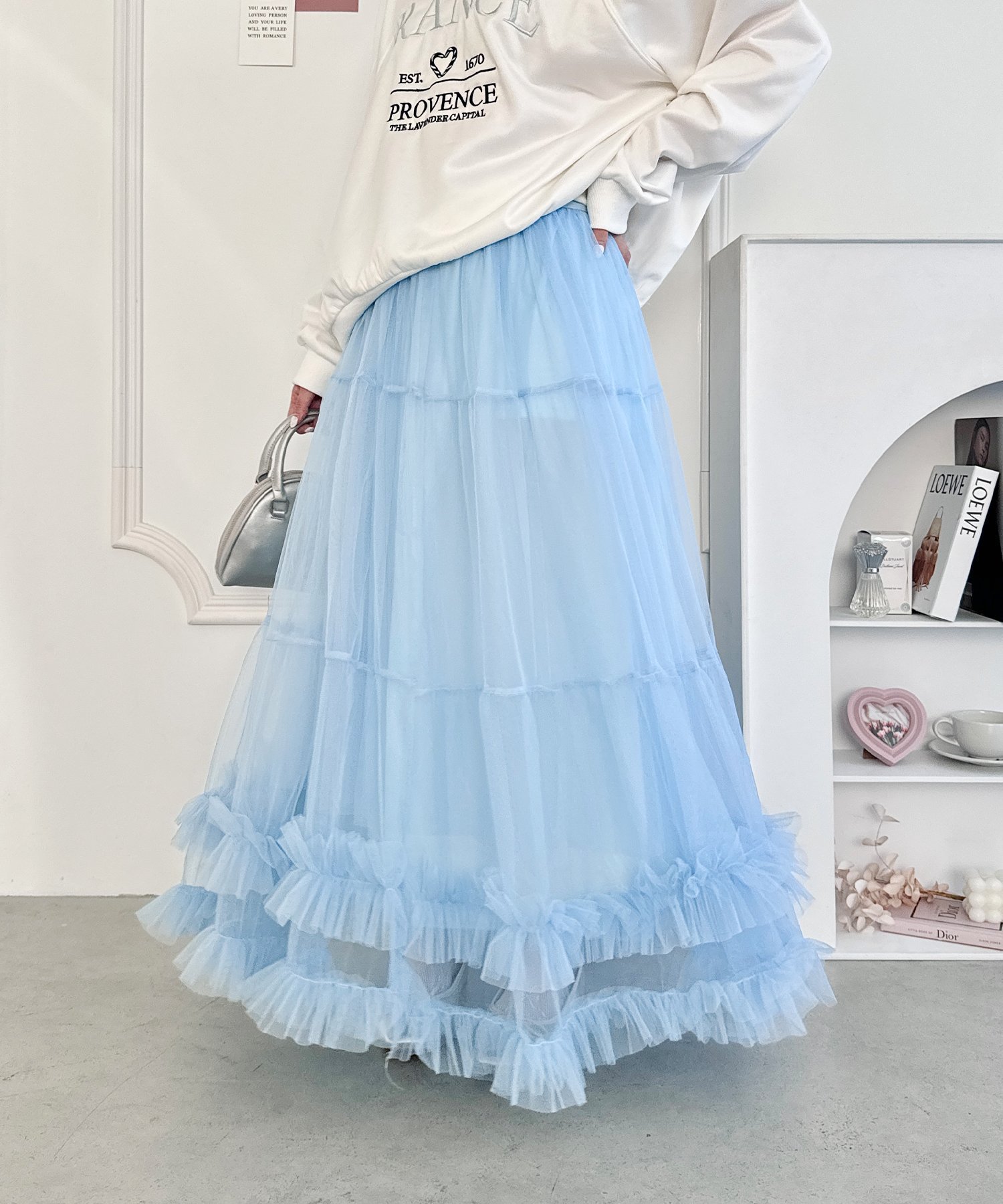 【アウトフィッター ラボ/Outfitter lab】のボリュームヘムチュールティアードスカート レディース ロング マキシ インテリア・キッズ・メンズ・レディースファッション・服の通販 founy(ファニー) 　ファッション　Fashion　レディースファッション　Fashion for Women　スカート　Skirts　ティアードスカート　Tiered Skirts　ウェーブ　Wavy Pattern　カーディガン　Cardigan, Knitwear　ガーリー　Girly, Feminine Style　シンプル　Simple, Minimal　スウェット / スエット　Sweatshirt, Sweatwear　スポーツ　Sports, Activewear　長袖　Long Sleeve, Full Sleeve　バランス　Balance, Style Balance　パーカー　Hoodie, Parka　ビスチェ　Bustier, Corset Top　フリル　Frill, Ruffle　フレア　Flare, Flared　半袖　Short Sleeve, Half Sleeve　マキシ　Maxi, Full Length　ロング　Long, Long-Length　A/W・秋冬　Autumn/Winter　S/S・春夏　SS, Spring/Summer, Warm Season　おすすめ　Recommended / Our Picks　夏　Summer　ライトブルー|ID: prp329100004829617 ipo3291000000035151680