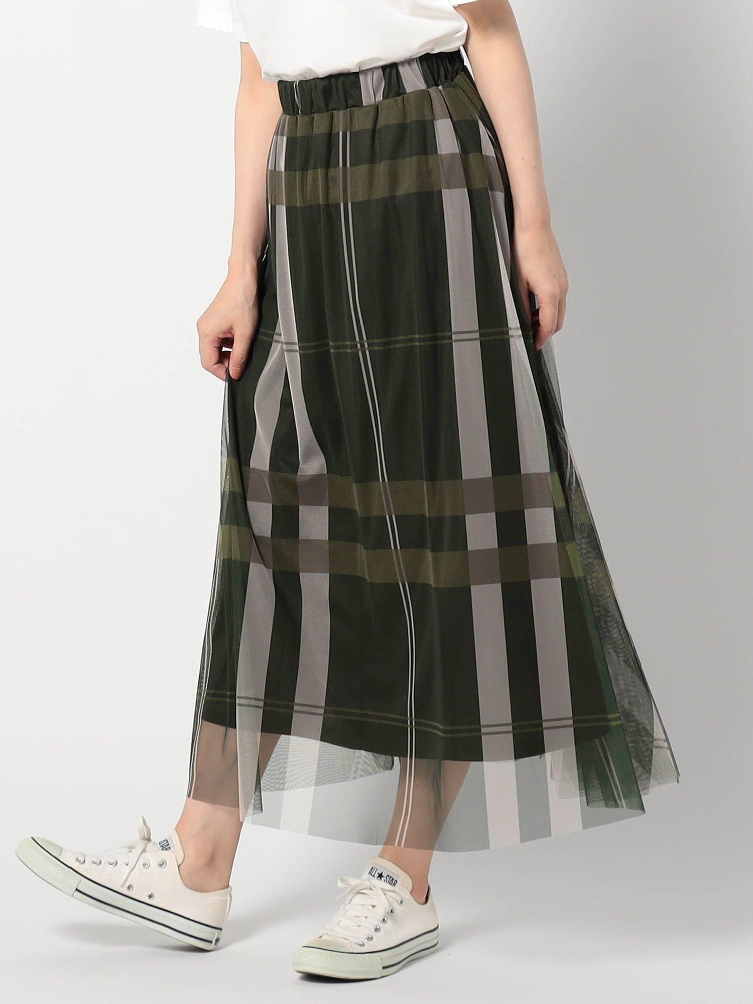 【ニコル/NICOLE】のチュールチェックスカート インテリア・キッズ・メンズ・レディースファッション・服の通販 founy(ファニー) 　ファッション　Fashion　レディースファッション　Fashion for Women　スカート　Skirts　チェック　Check, Plaid, Tartan　チュール　Tulip, Tulip Motif　トレーナー　Sweatshirt, Trainer　プリント　Print, Printed Pattern　ロング　Long, Long-Length　46カーキ|ID: prp329100004829623 ipo3291000000035151752