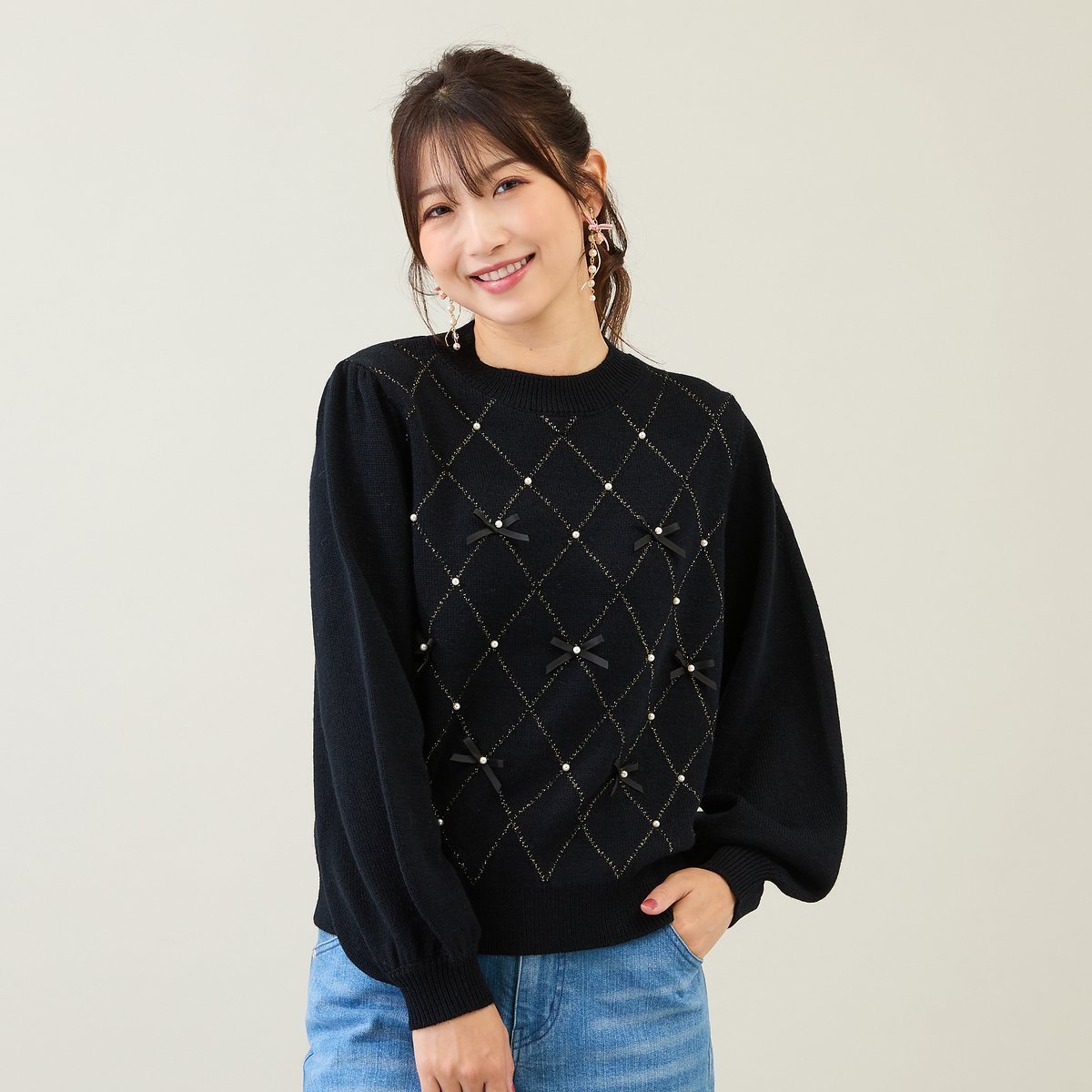 【ローズティアラ/Rose Tiara】のアーガイルリボンニット インテリア・キッズ・メンズ・レディースファッション・服の通販 founy(ファニー) ファッション Fashion レディースファッション Fashion for Women トップス・カットソー Cut & Sew Tops ニット Knit Tops & Sweaters ジャカード/ジャガード Jacquard, Woven Pattern スタッズ Studs, Metal Accents パール Pearl, Pearl Accent リボン Ribbon, Bow ブラック|ID: prp329100004829800 ipo3291000000035154515