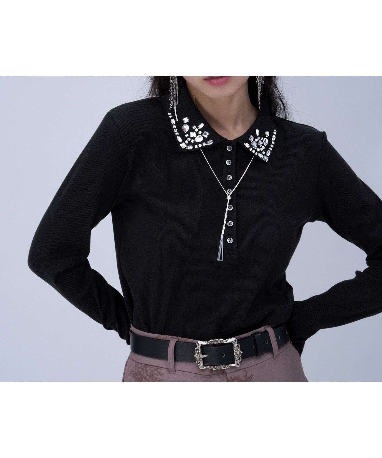 【ハレ/HARE】のビジューポロリブカットソー 人気、トレンドファッション・服の通販 founy(ファニー) 　ファッション　Fashion　レディースファッション　Fashion for Women　トップス・カットソー　Cut & Sew Tops　カットソー・ベーシックTシャツ　Cut-and-Sewn Tops / Stretch Tees & Basics　インナー　Innerwear　ウェーブ　Wavy Pattern　カーゴパンツ　Cargo Pants, Utility Pants　カーディガン　Cardigan, Knitwear　コンパクト　Compact, Small Size　シフォン　Chiffon, Lightweight Fabric　ストレート　Straight, Straight Cut　スラックス　Slacks, Dress Pants　タイトスカート　Pencil Skirt, Tight Skirt　チュール　Tulip, Tulip Motif　ツイード　Twill, Twill Weave　デニム　Denim, Jeans Material　ビジュー　Bijou, Jewel-like Accent　フェミニン　Feminine, Girly　エレガント 上品　Elegant　 other-1|ID: prp329100004830004 ipo3291000000035156412