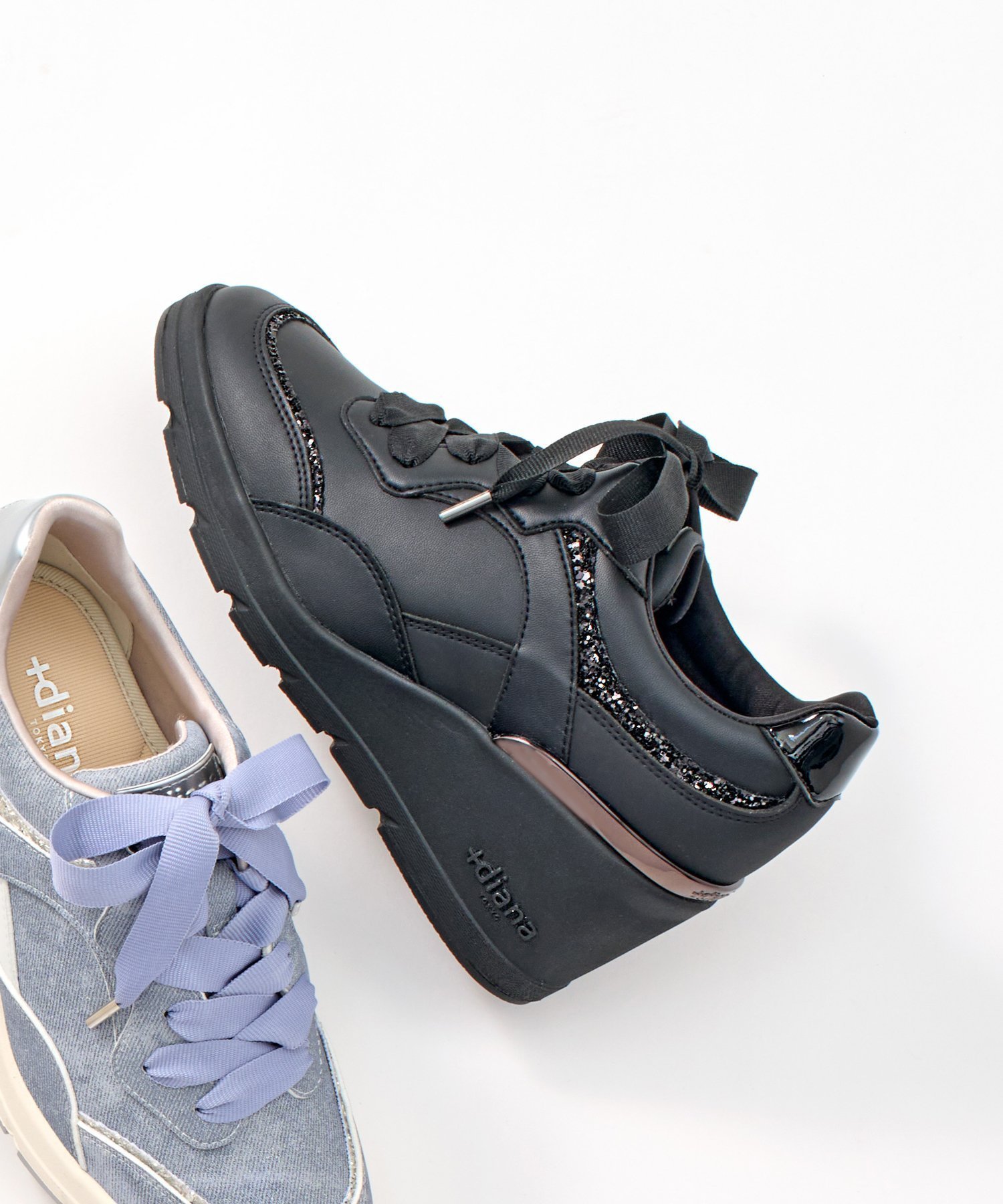 【プラスダイアナ/plus diana】の【6cmヒールアップ】ビジュー付きリボンスニーカー インテリア・キッズ・メンズ・レディースファッション・服の通販 founy(ファニー) 　ファッション　Fashion　レディースファッション　Fashion for Women　インソール　Shoe Insole　クッション　Cushion, Throw Pillow　グリッター　Glitter, Sparkle　軽量　Lightweight, Ultra Light　シューズ　Shoes, Footwear　スニーカー　Sneakers, Trainers　スマート　Smart, Elegant　ビジュー　Bijou, Jewel-like Accent　フェミニン　Feminine, Girly　ラバー　Rubber, Rubber Sole　リボン　Ribbon, Bow　再入荷　Restock / Back in Stock　新作・新入荷　New Arrivals / New In　黒人工スムース|ID: prp329100004830157 ipo3291000000035157936