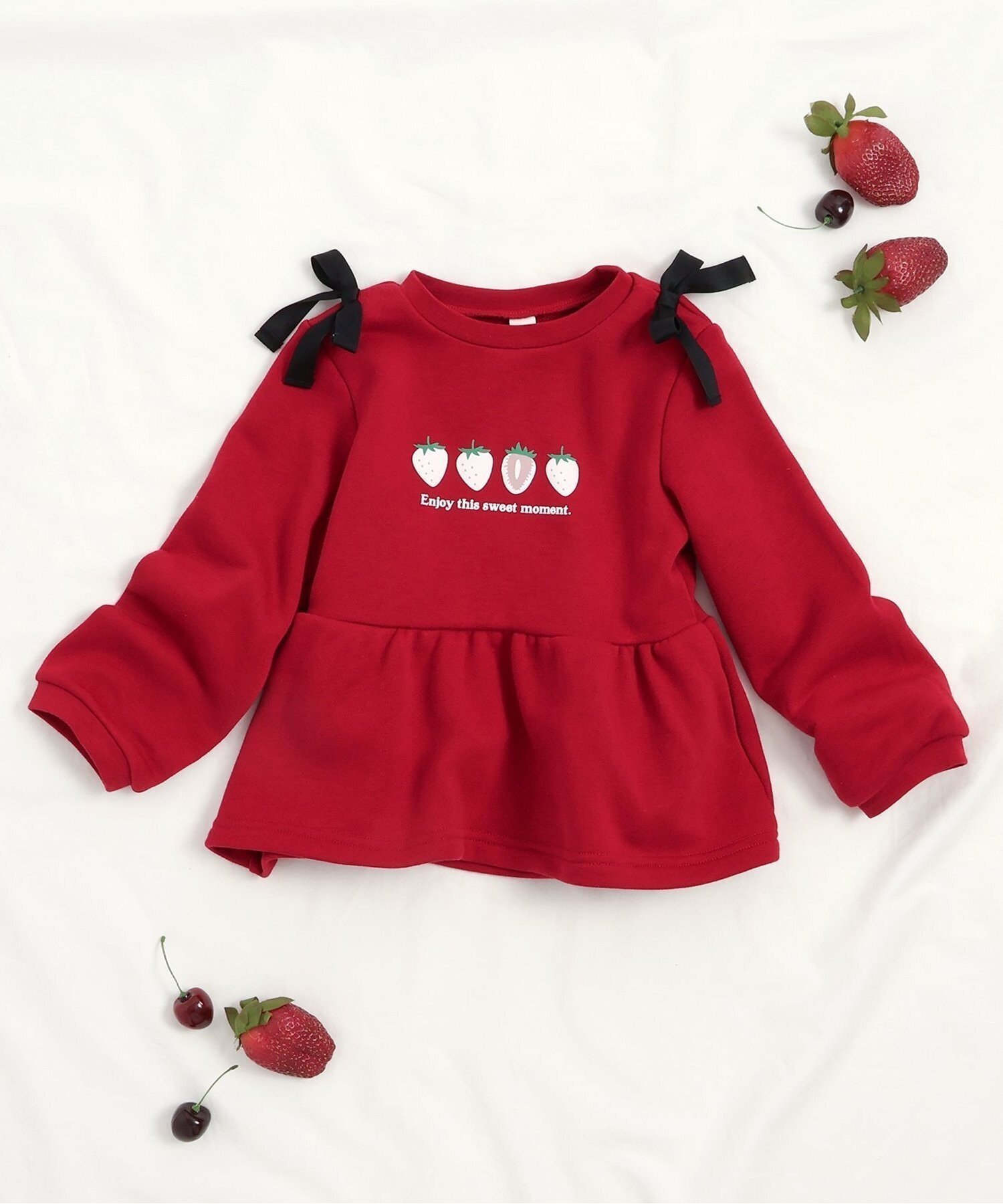 【エフオー オンラインストア/F.O.Online Store / KIDS】のWEB限定 肩リボンペプラムトレーナー インテリア・キッズ・メンズ・レディースファッション・服の通販 founy(ファニー) 　ファッション　Fashion　キッズファッション　Fashion for Kids　トレーナー　Sweatshirt, Trainer　レッド|ID: prp329100004830170 ipo3291000000035158111